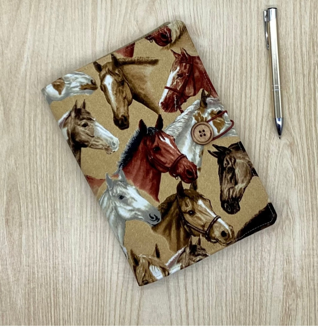Horses refillable A5 fabric notebook cover gift set - Incl. book and pen.