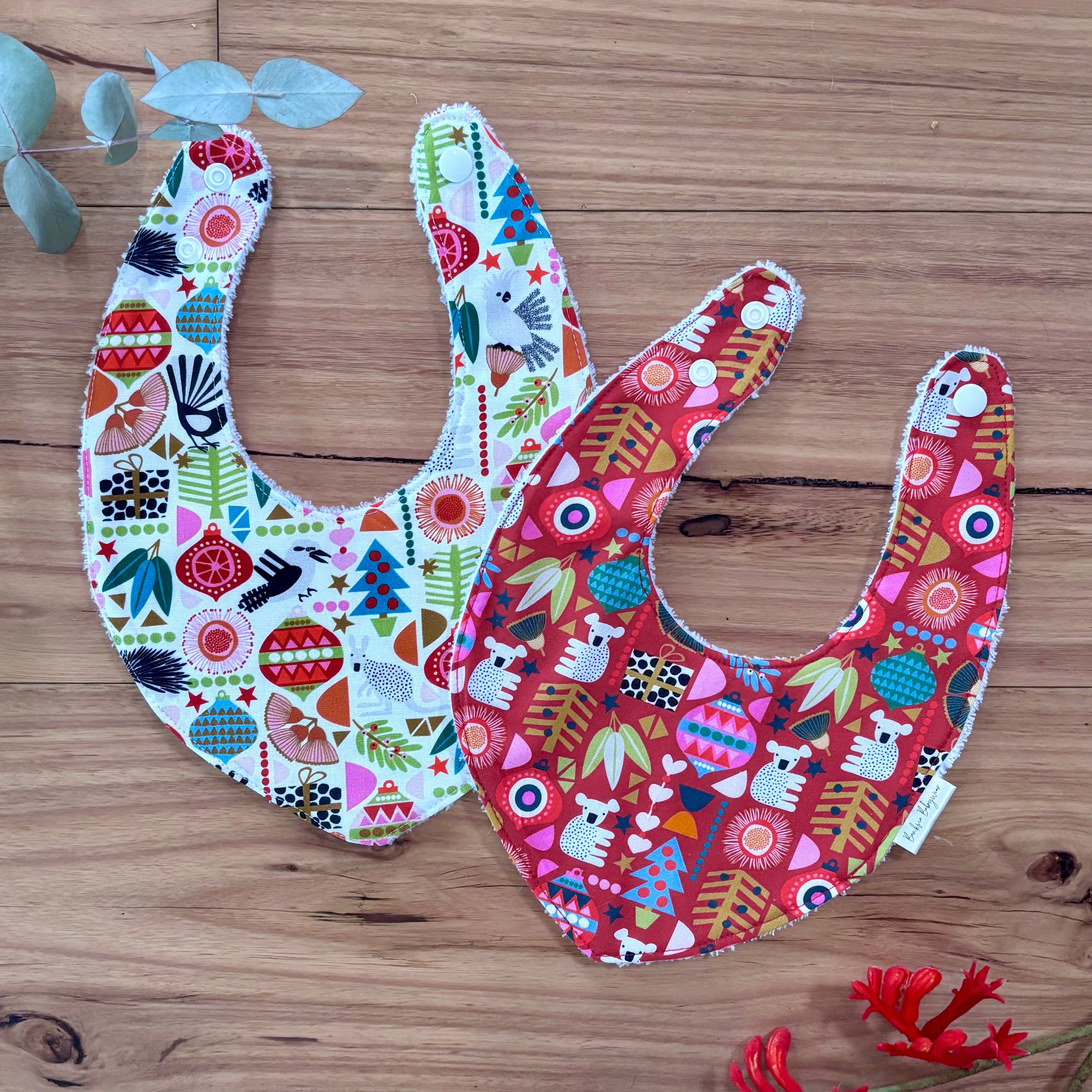 Christmas Baby Bibs Set - White and Red Aussie Animals