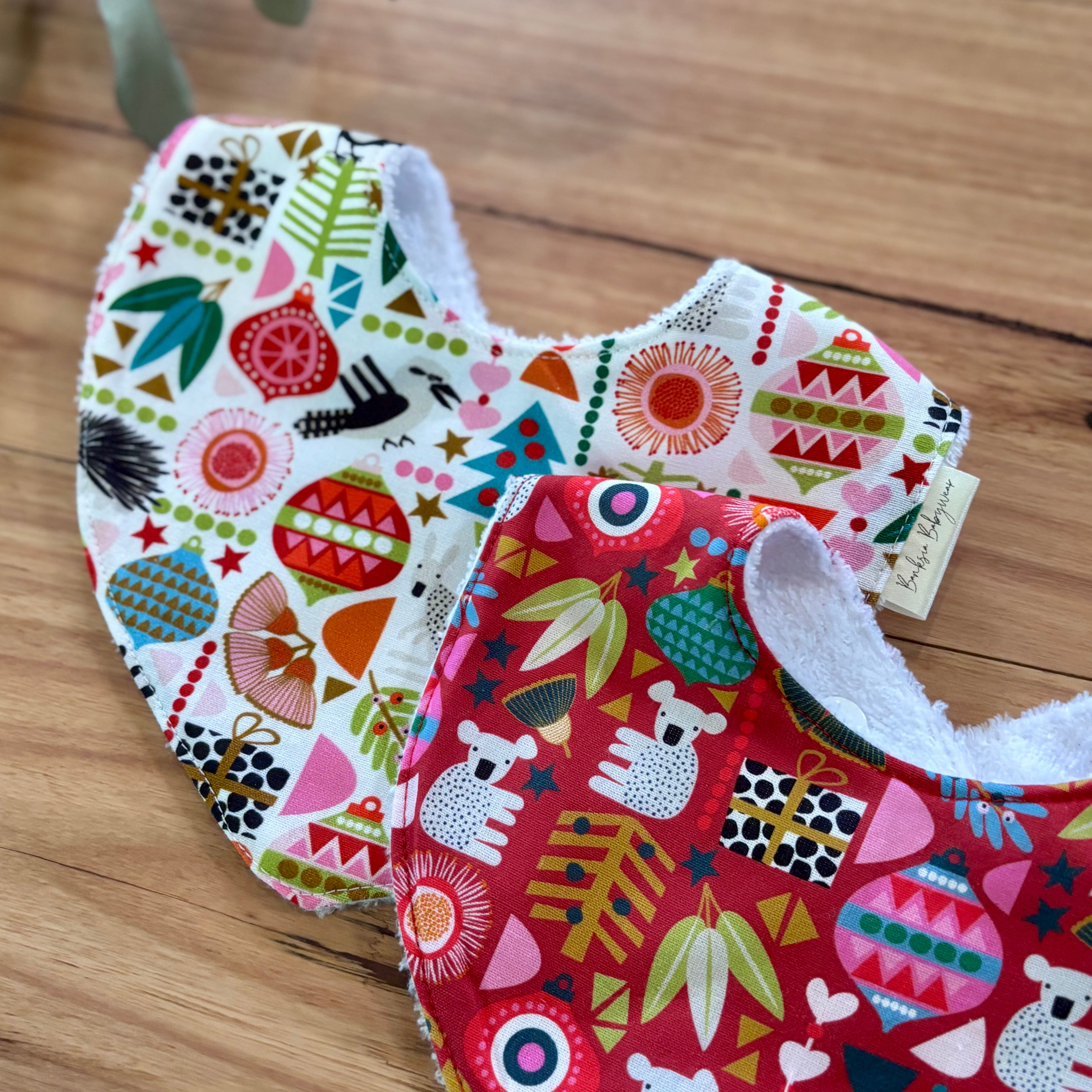 Christmas Baby Bibs Set - White and Red Aussie Animals