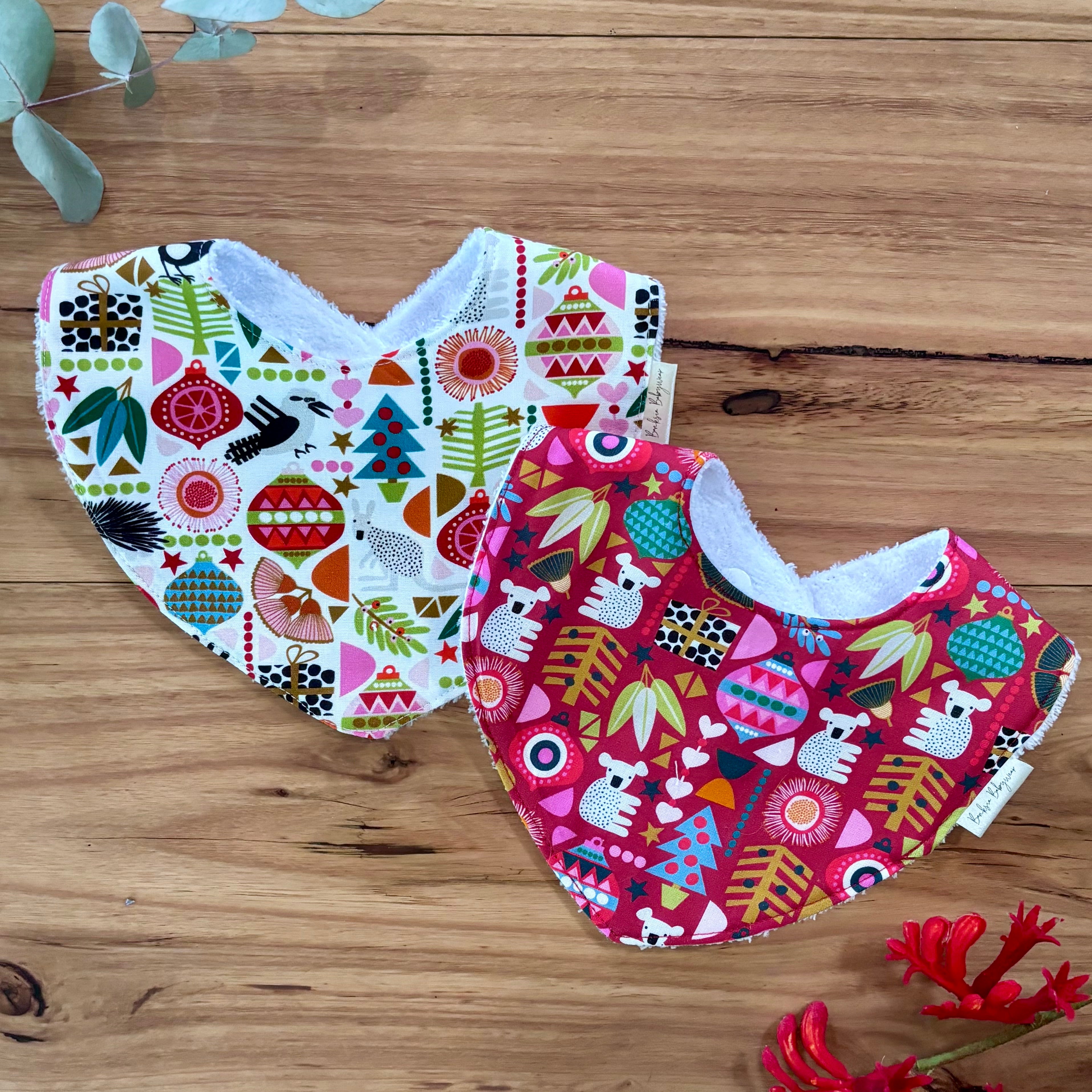 Christmas Baby Bibs Set - White and Red Aussie Animals