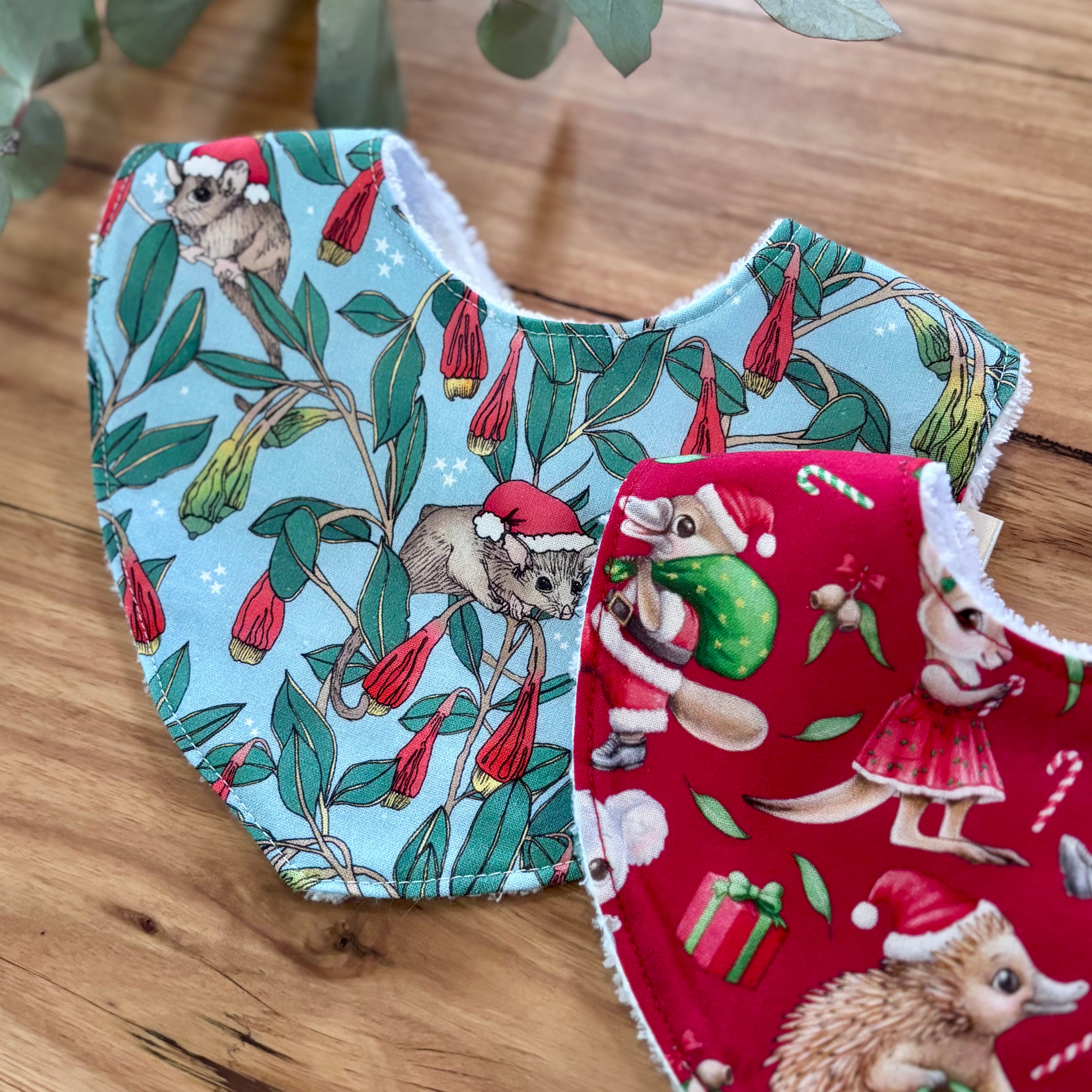 Christmas Baby Bibs Set - Blue and Red Aussie Animals