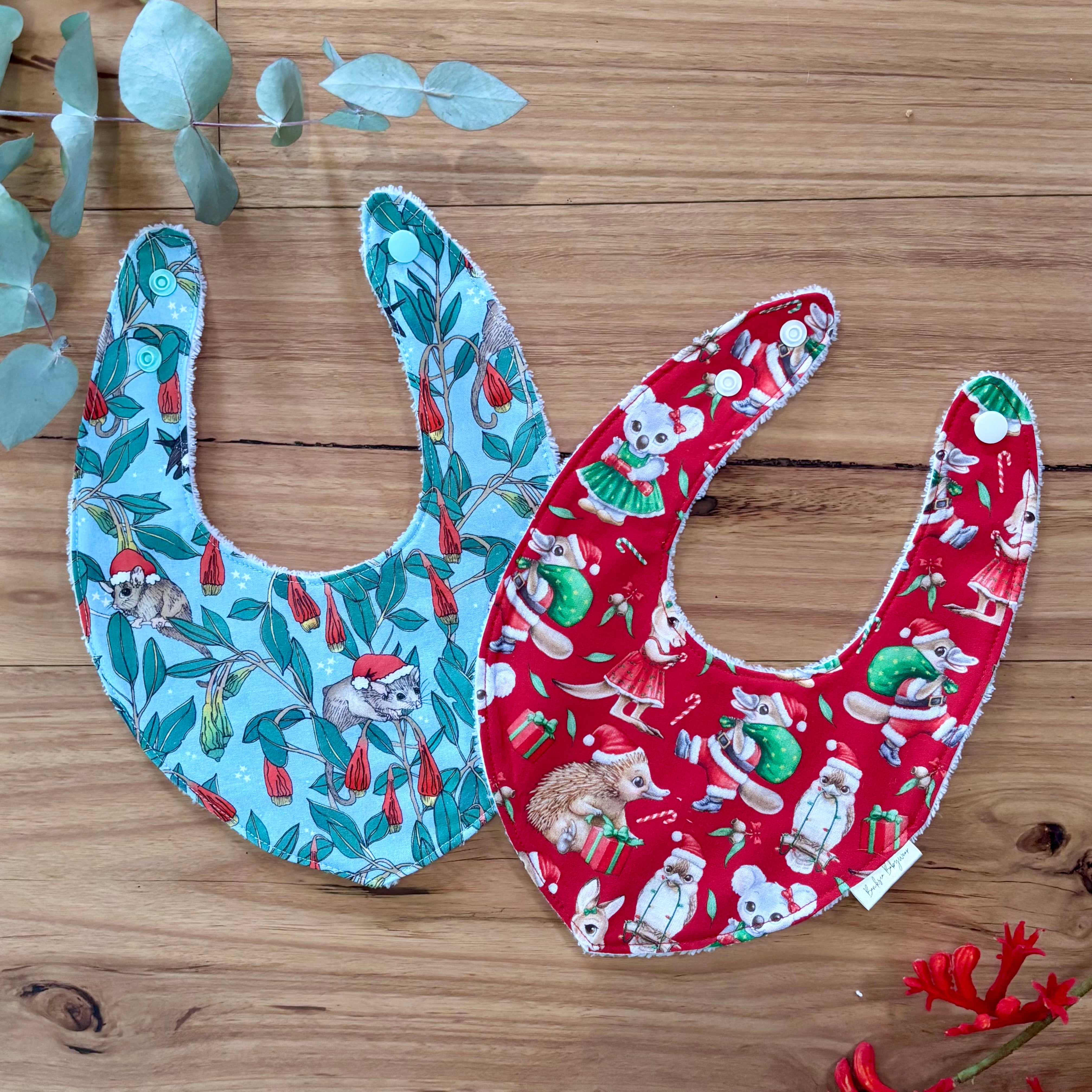 Christmas Baby Bibs Set - Blue and Red Aussie Animals