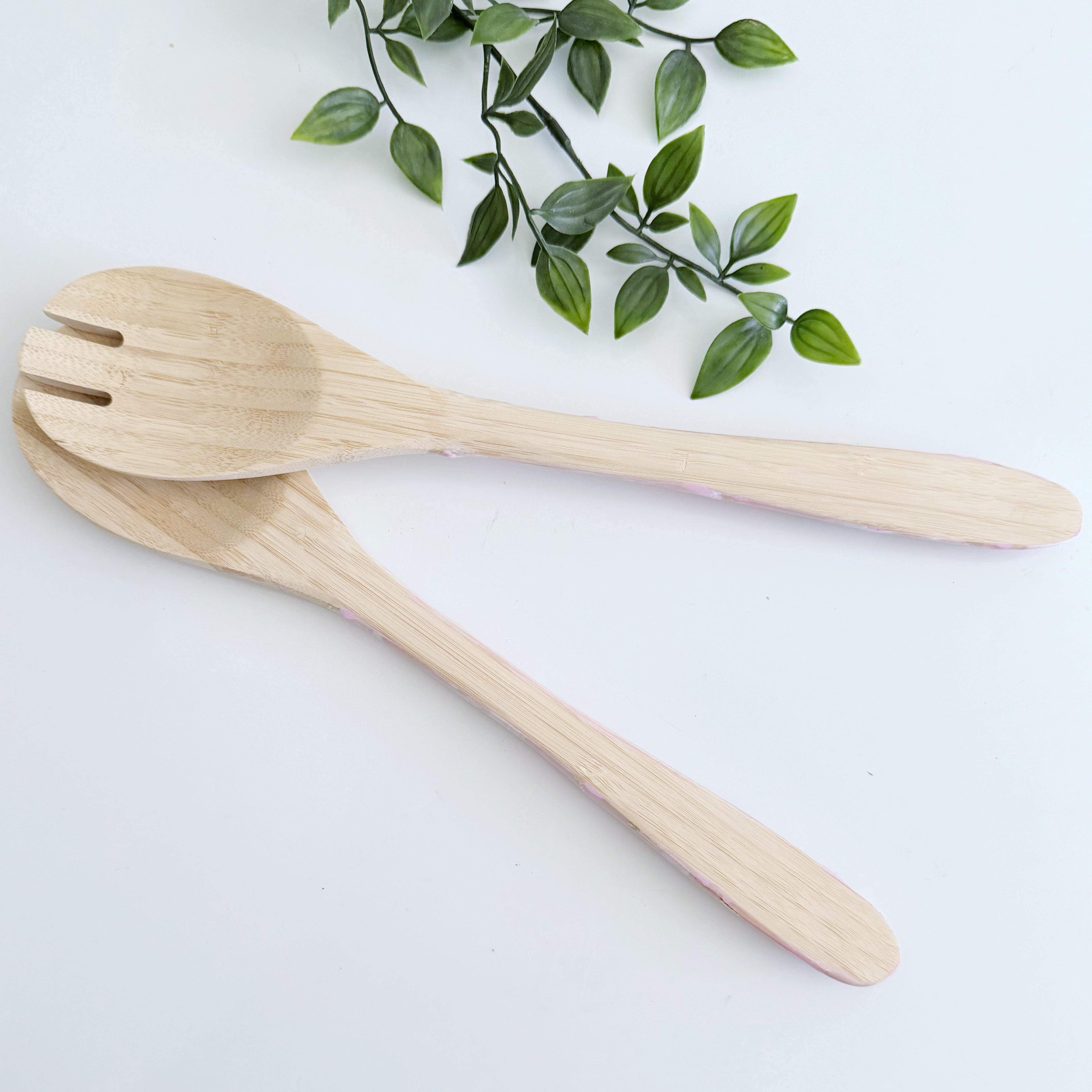 Bamboo and Resin Salad Server Set in Blue and White