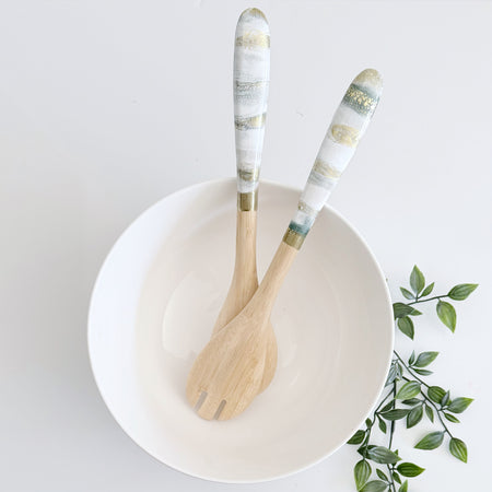 Bamboo and Resin Salad Server Set in White, Green and Gold