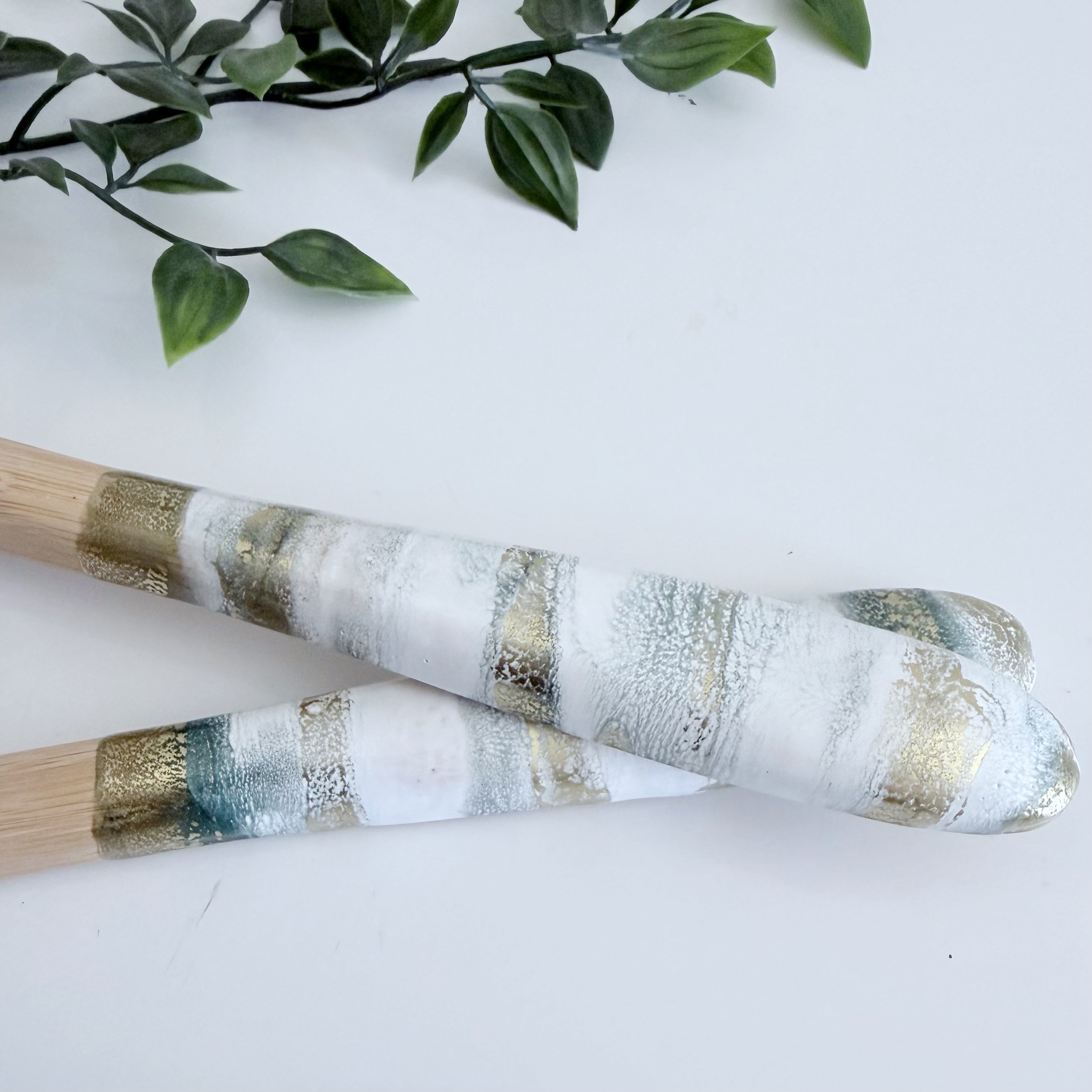 Bamboo and Resin Salad Server Set in White, Green and Gold