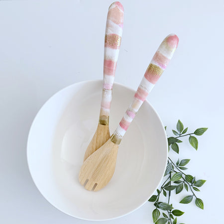 Bamboo and Resin Salad Server Set in White, Pink and Gold