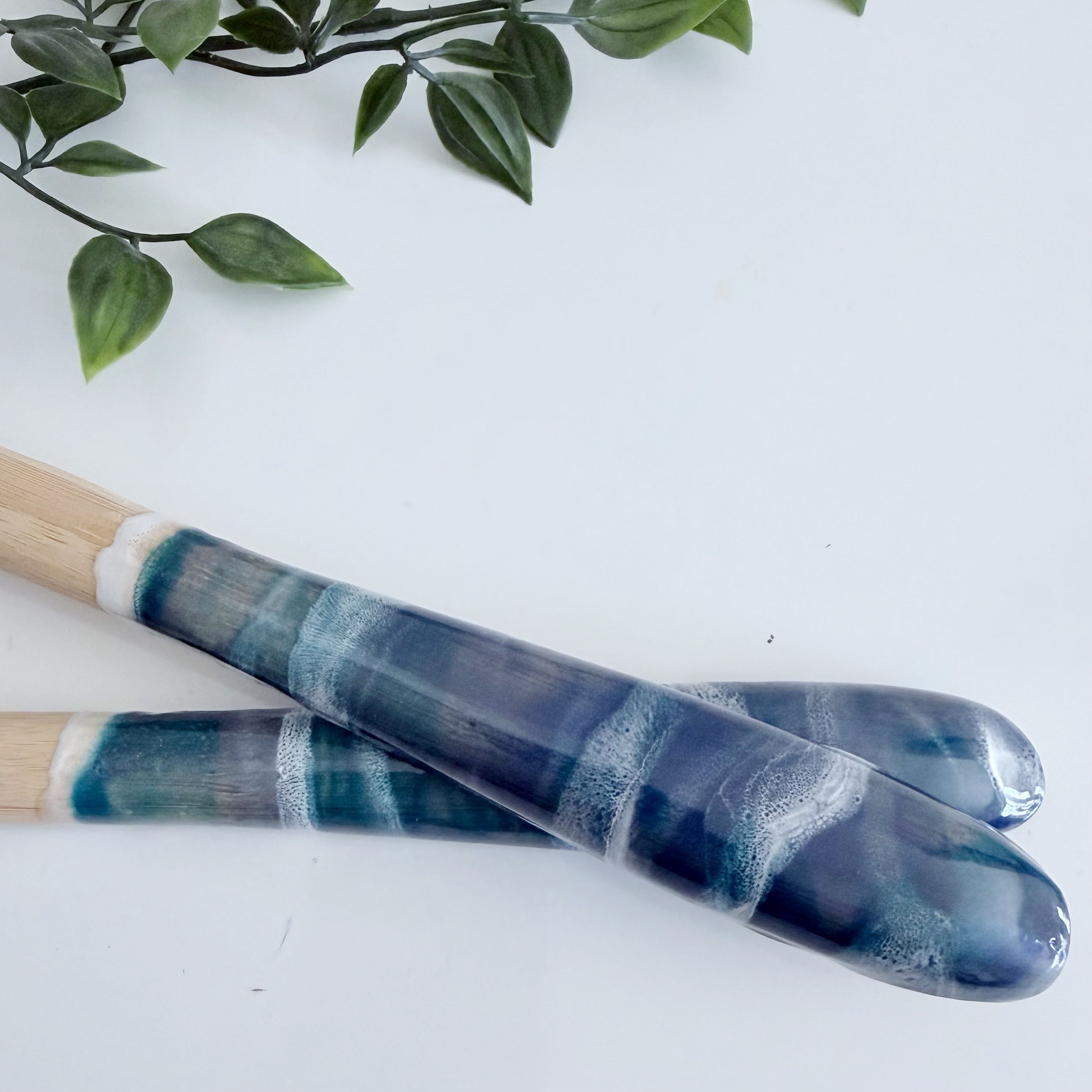 Bamboo and Resin Salad Server Set in Blue and White