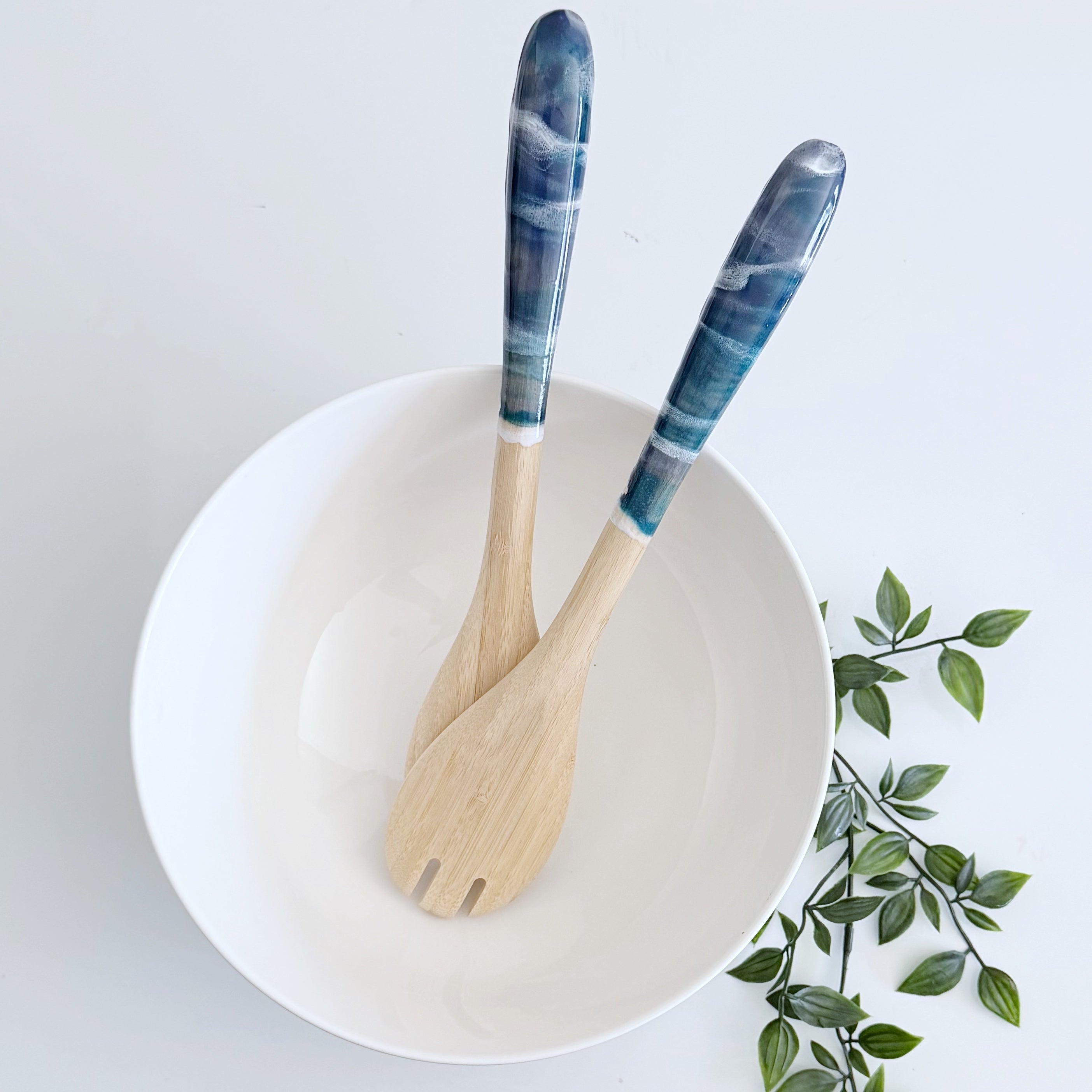 Bamboo and Resin Salad Server Set in Blue and White