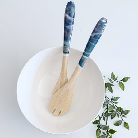 Bamboo and Resin Salad Server Set in Blue and White