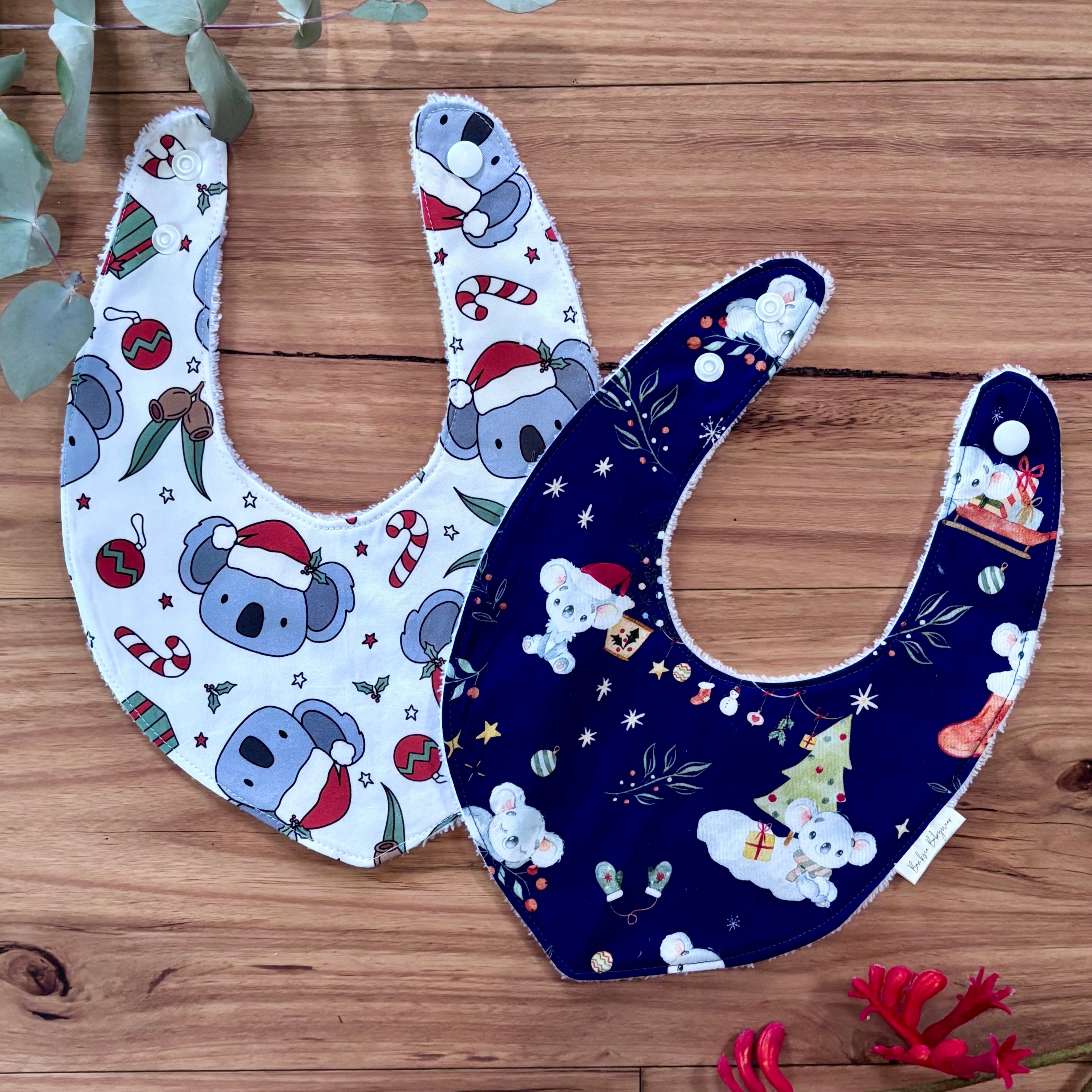 Christmas Baby Bibs Set - White and Navy Koalas