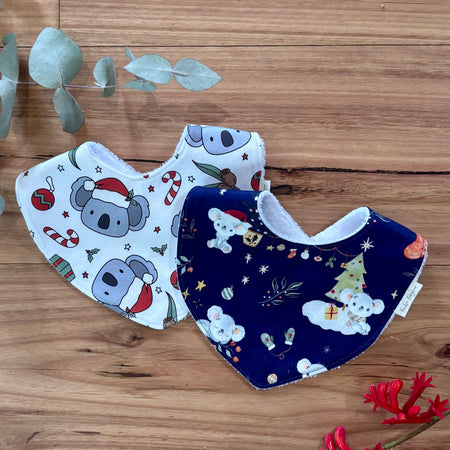 Christmas Baby Bibs Set - White and Navy Koalas