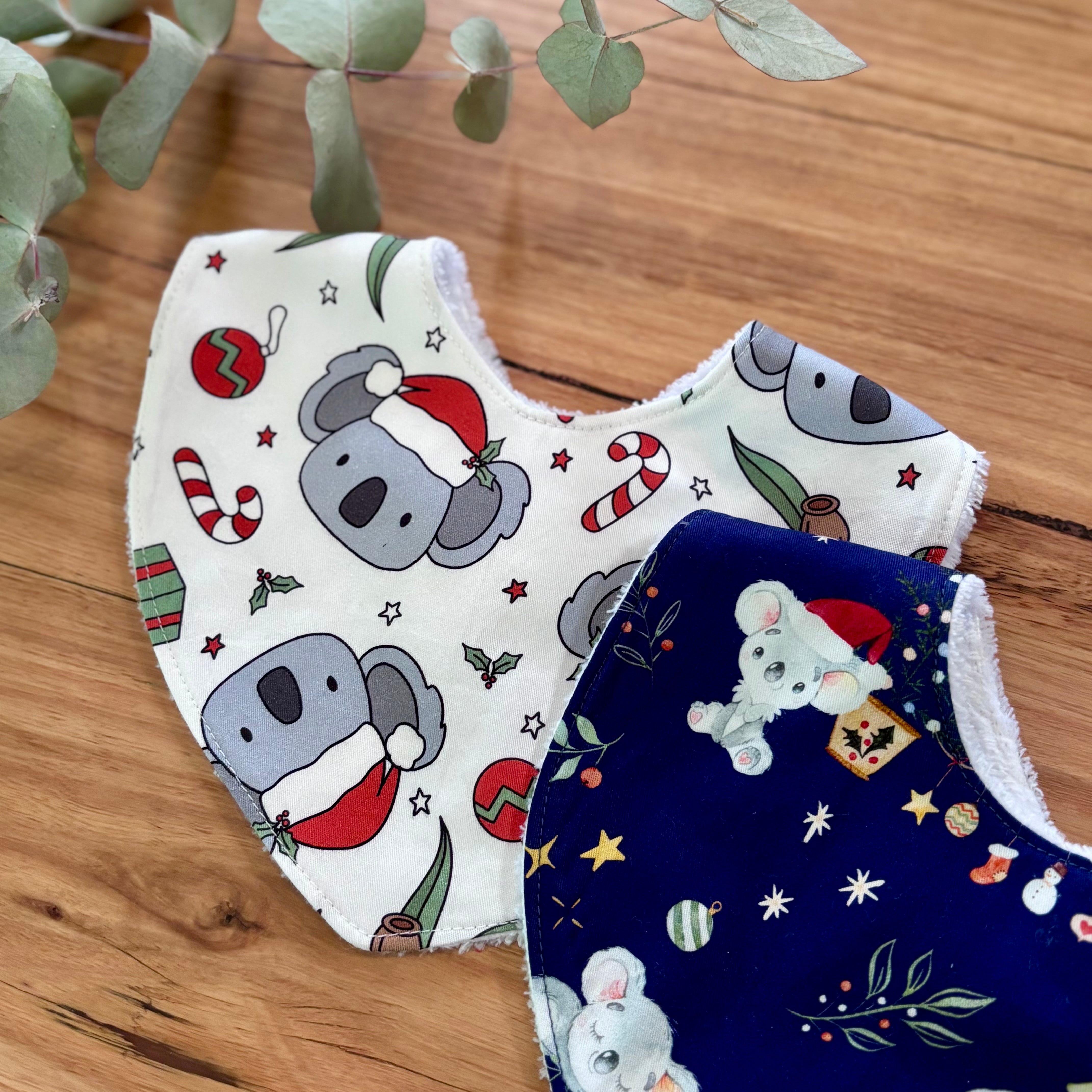 Christmas Baby Bibs Set - White and Navy Koalas