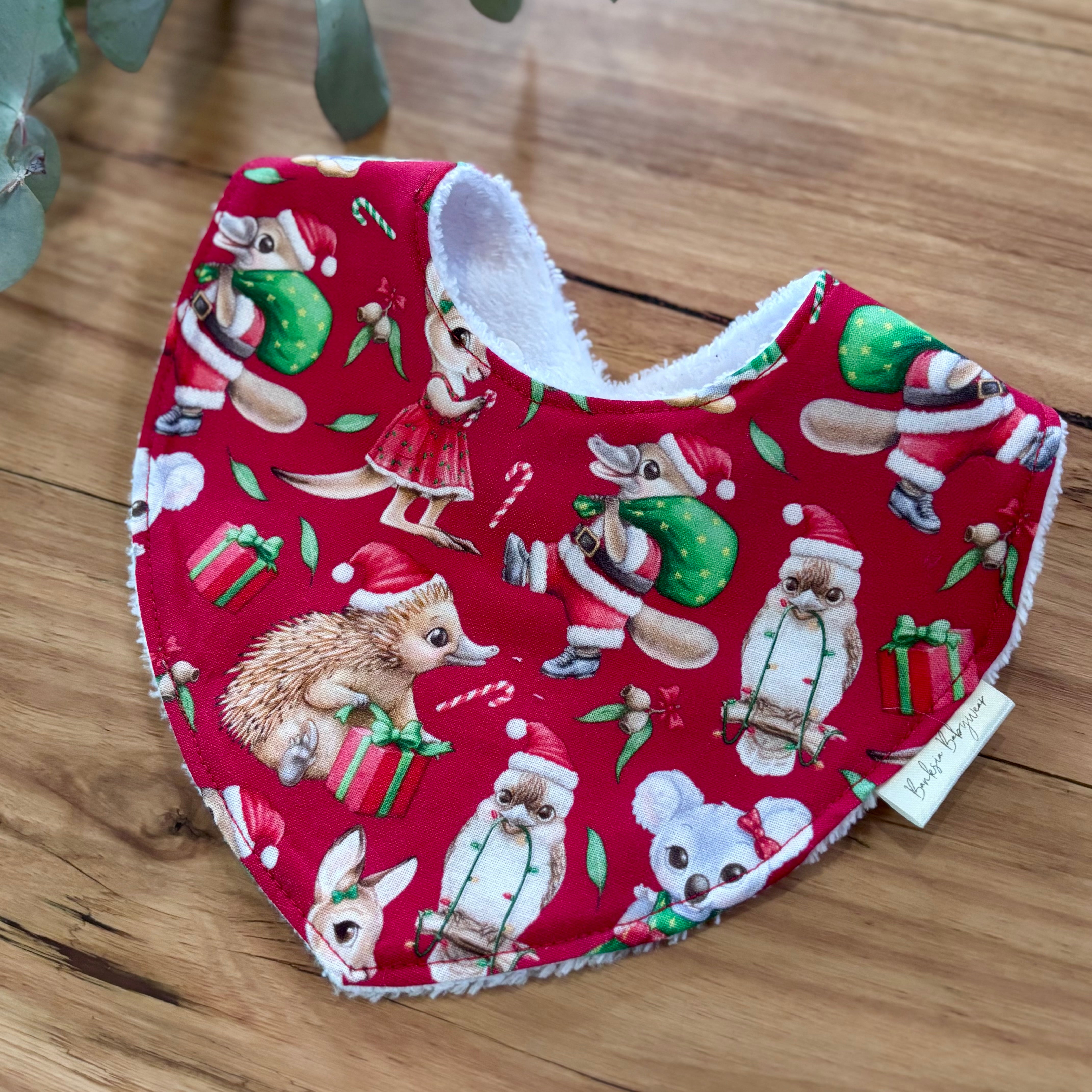 Christmas Baby Bib and Bow Set - Red Aussie Animals