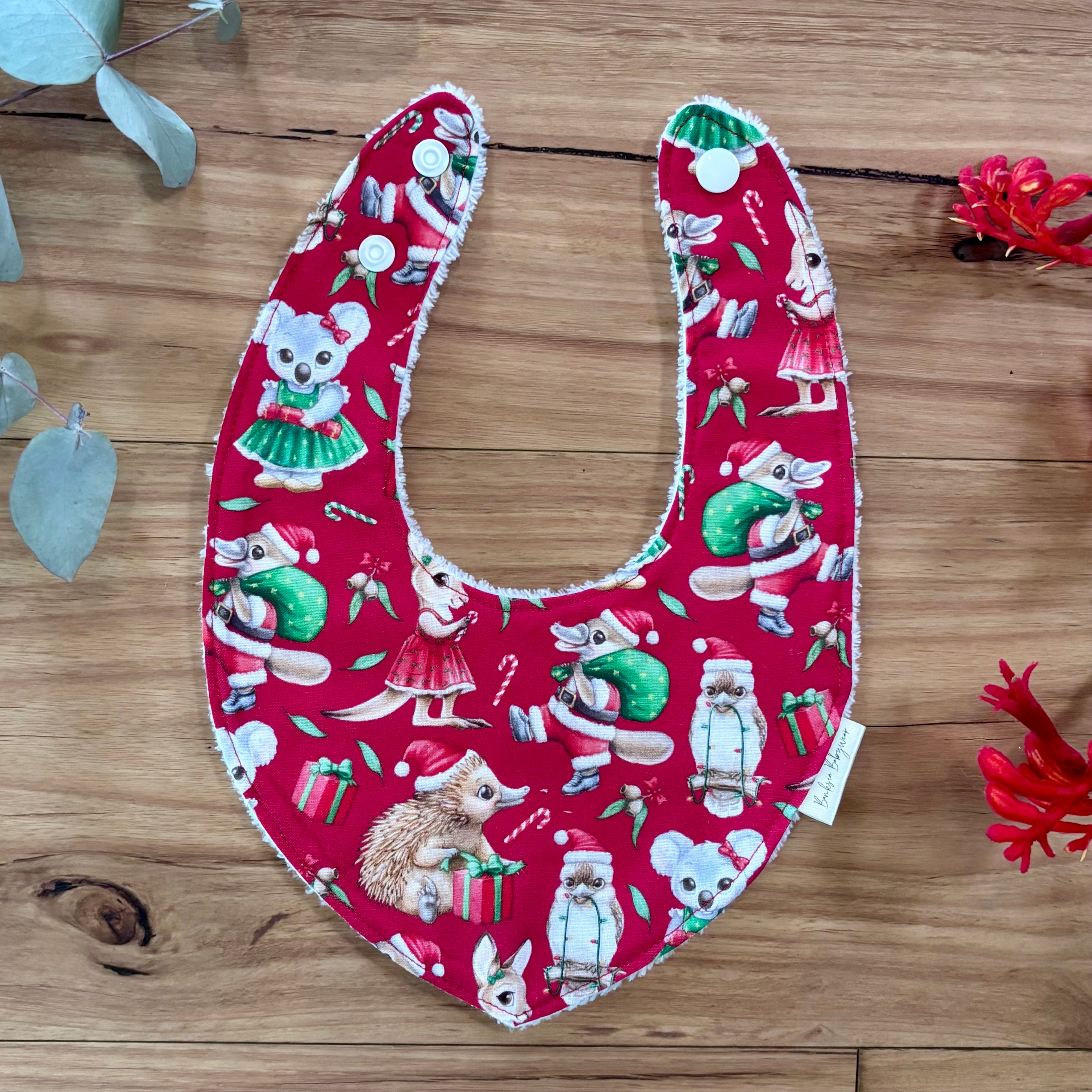 Christmas Baby Bib and Bow Set - Red Aussie Animals