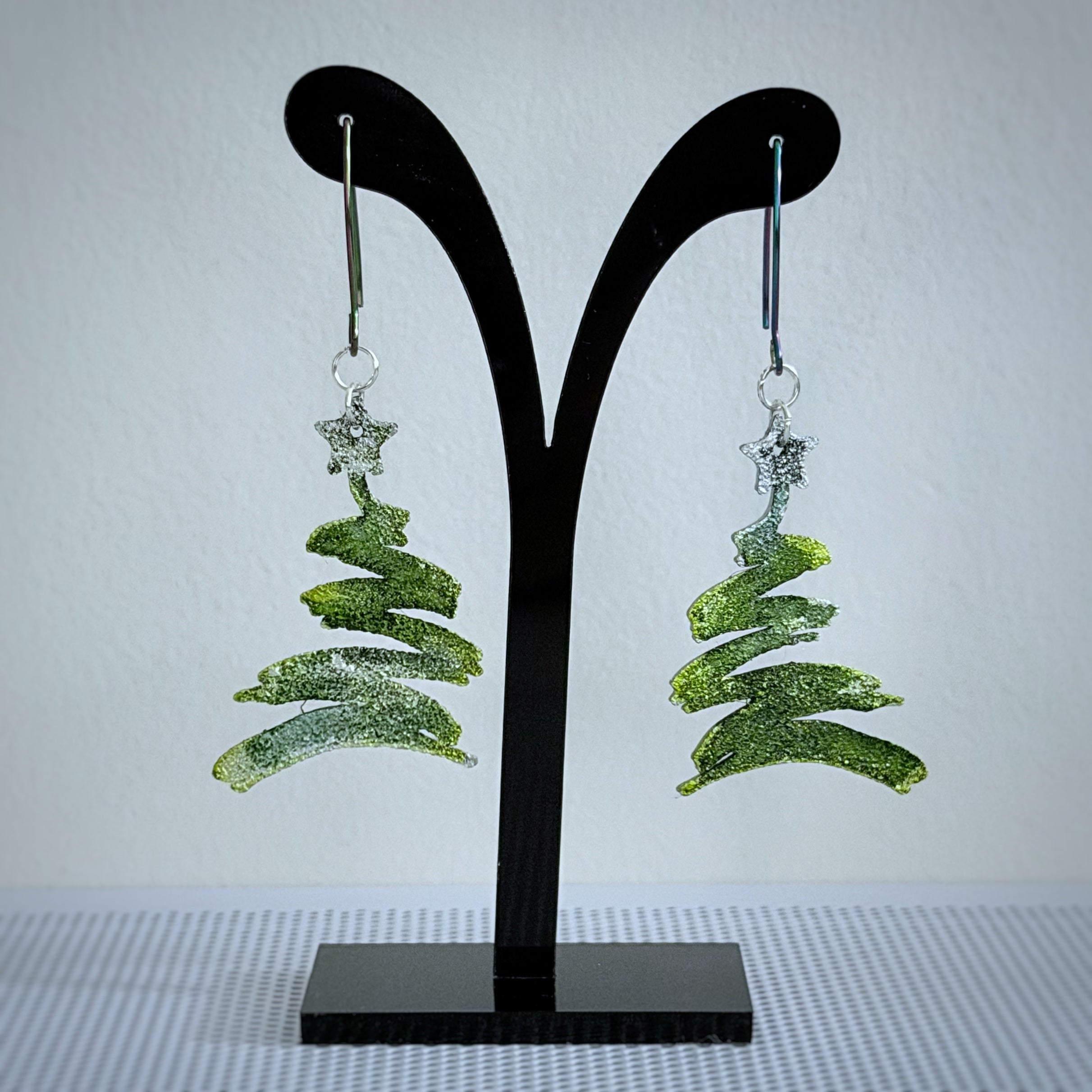 Green, Gold & Silver Christmas Tree Earrings | Hand-Painted Holiday Design