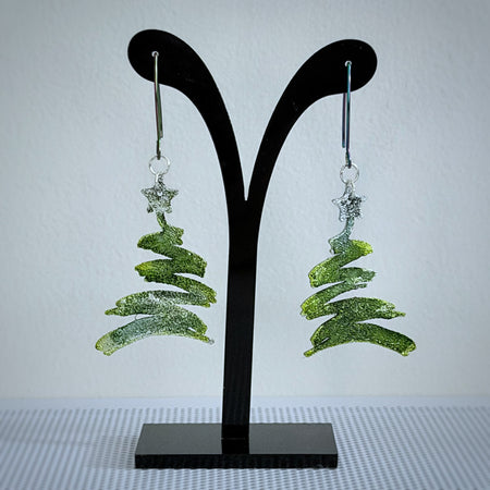 Green, Gold & Silver Christmas Tree Earrings | Hand-Painted Holiday Design