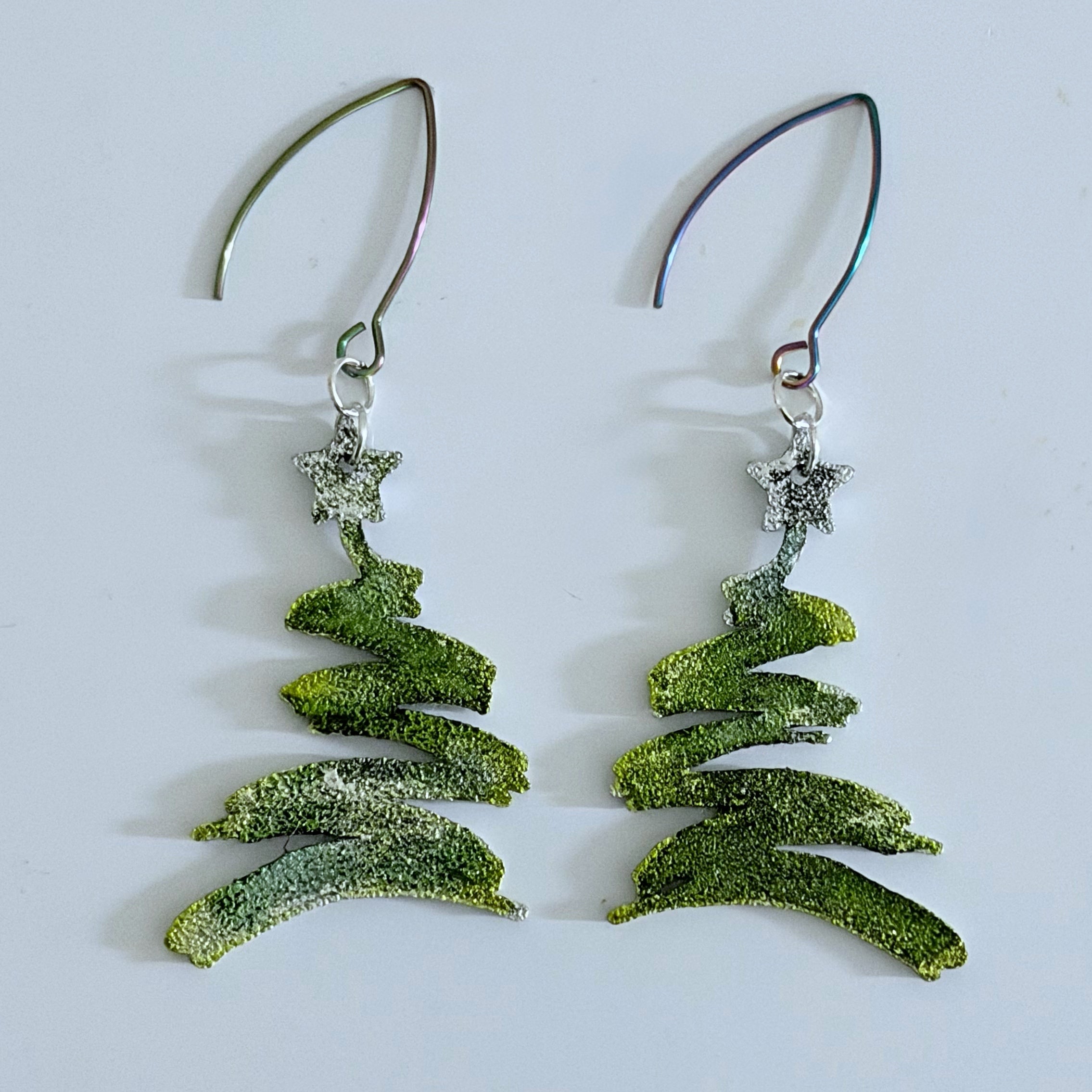 Green, Gold & Silver Christmas Tree Earrings | Hand-Painted Holiday Design