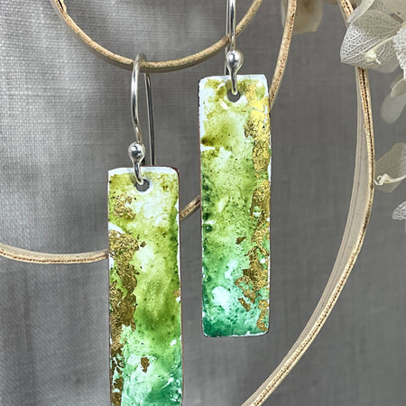 Green and gold enamel earrings. Handmade