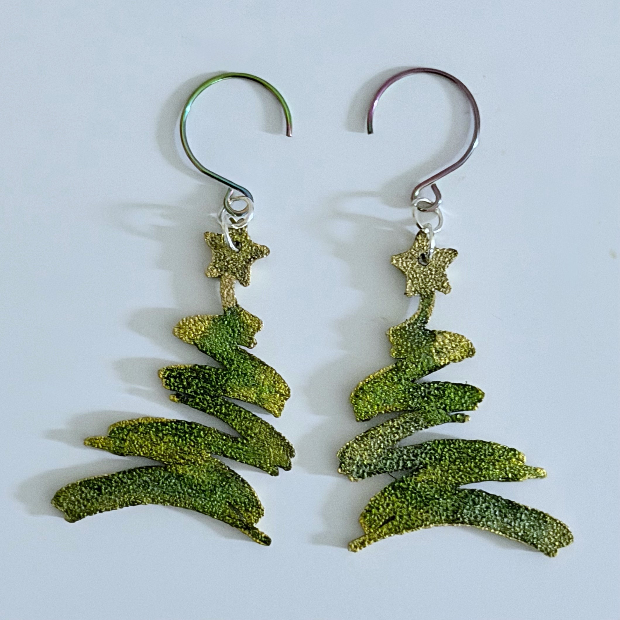 Metallic Green & Gold Christmas Tree Earrings | Hand-Painted Holiday Design