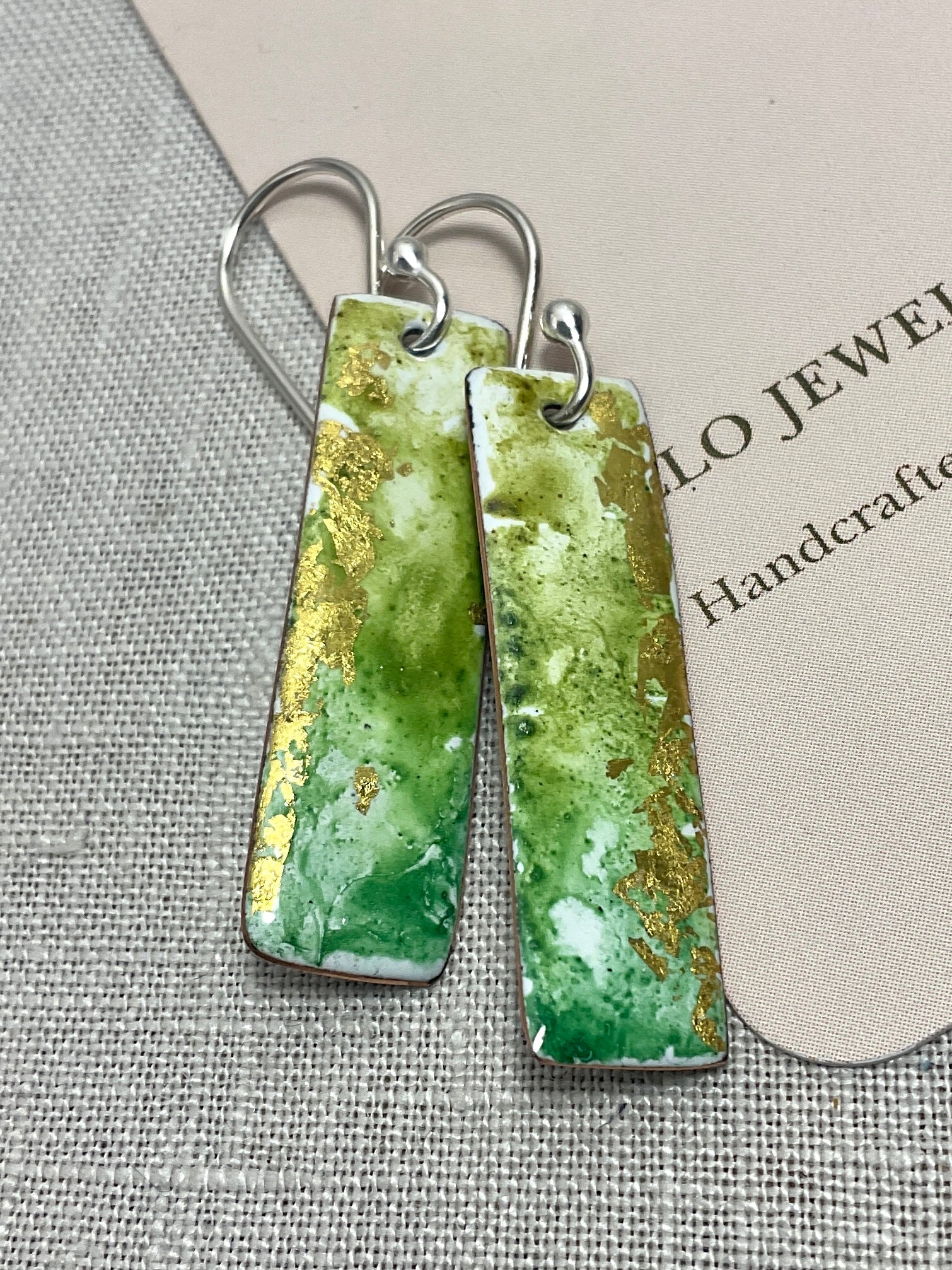 Green and gold enamel earrings. Handmade