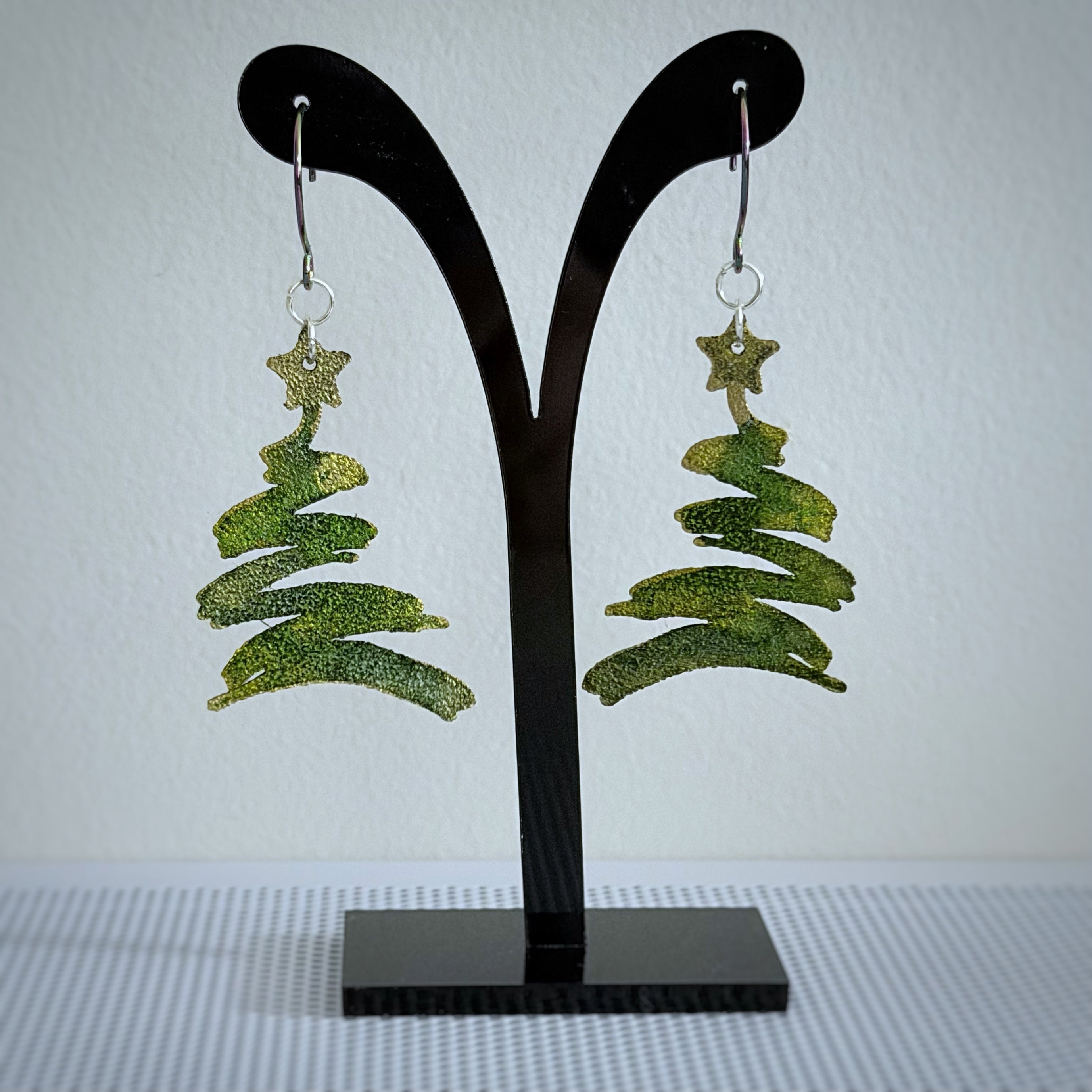 Metallic Green & Gold Christmas Tree Earrings | Hand-Painted Holiday Design