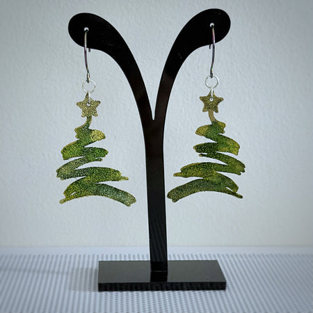 Metallic Green & Gold Christmas Tree Earrings | Hand-Painted Holiday Design