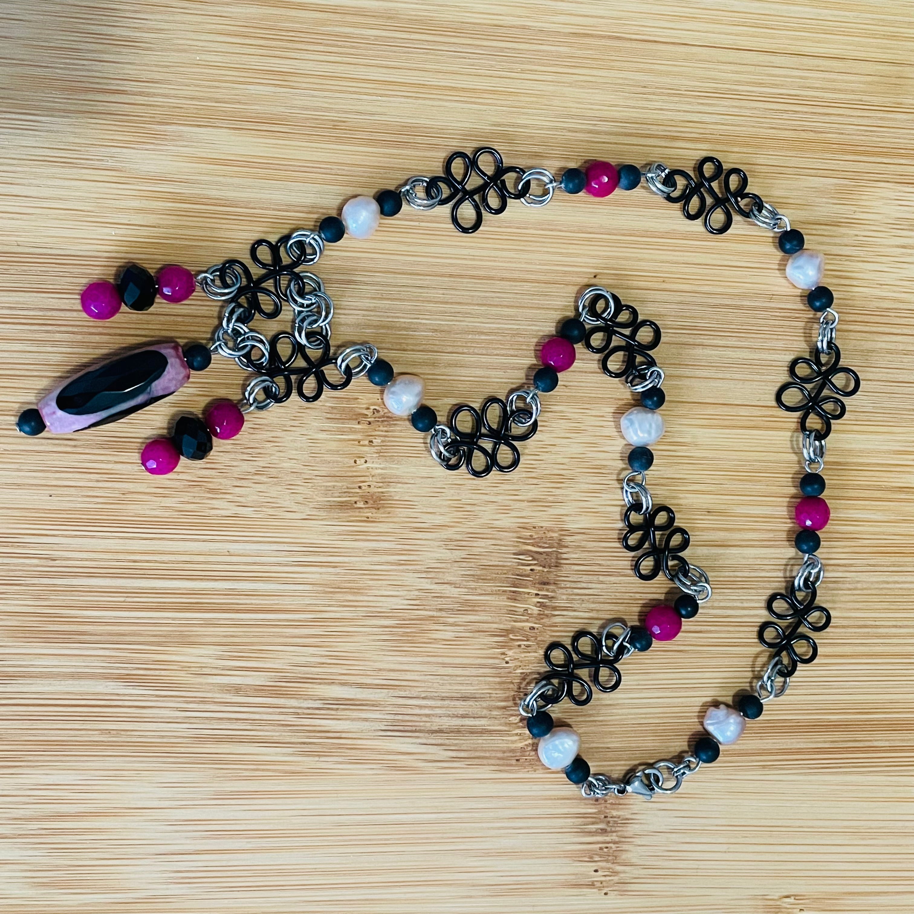 Striking Pink and Black Gemstone, Pearl Necklace