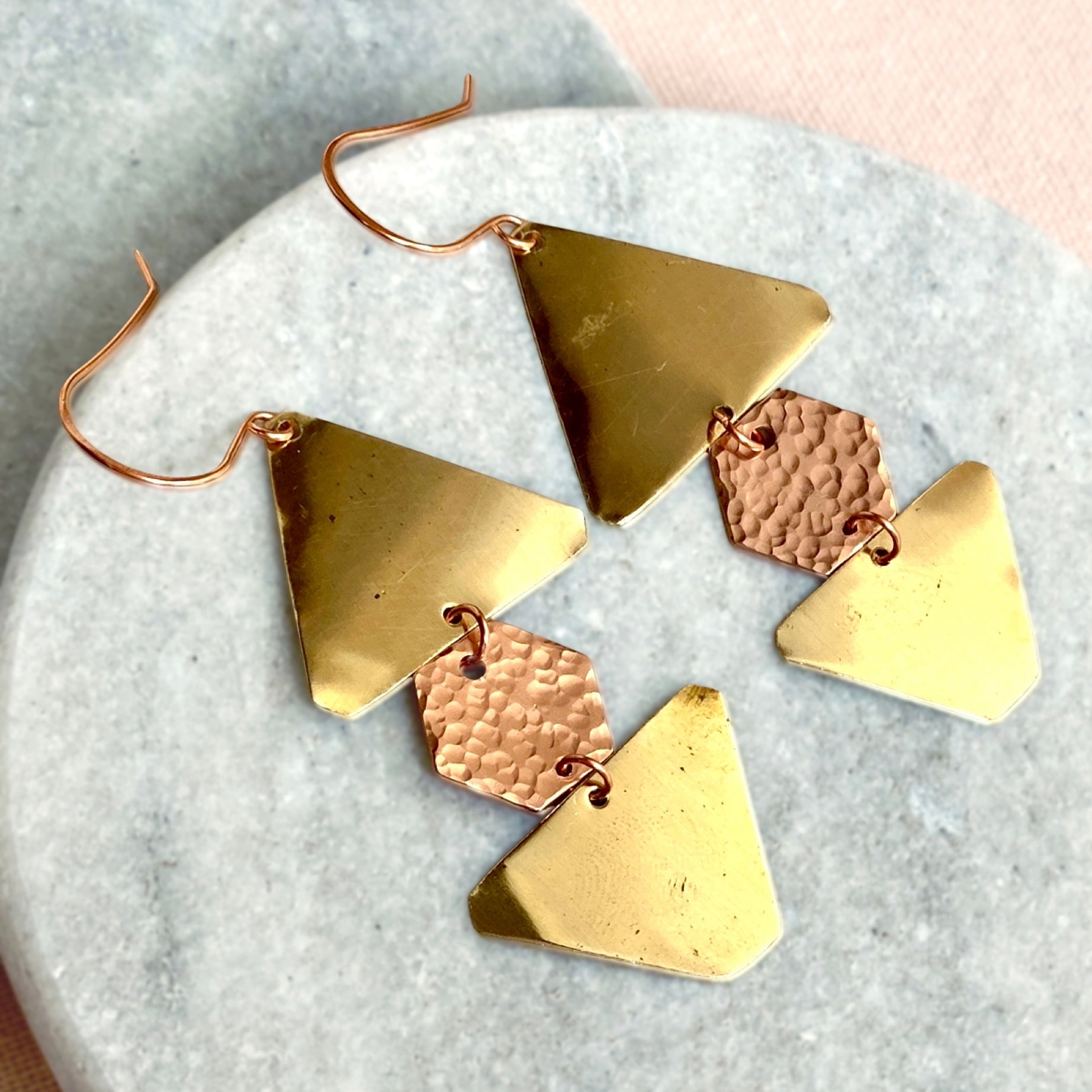 Geometric brass and copper statement dangle earrings