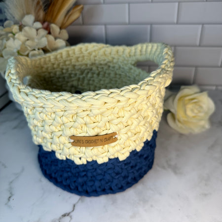 Handmade Crocheted Basket – Blue & Cream | Eco-Friendly Storage