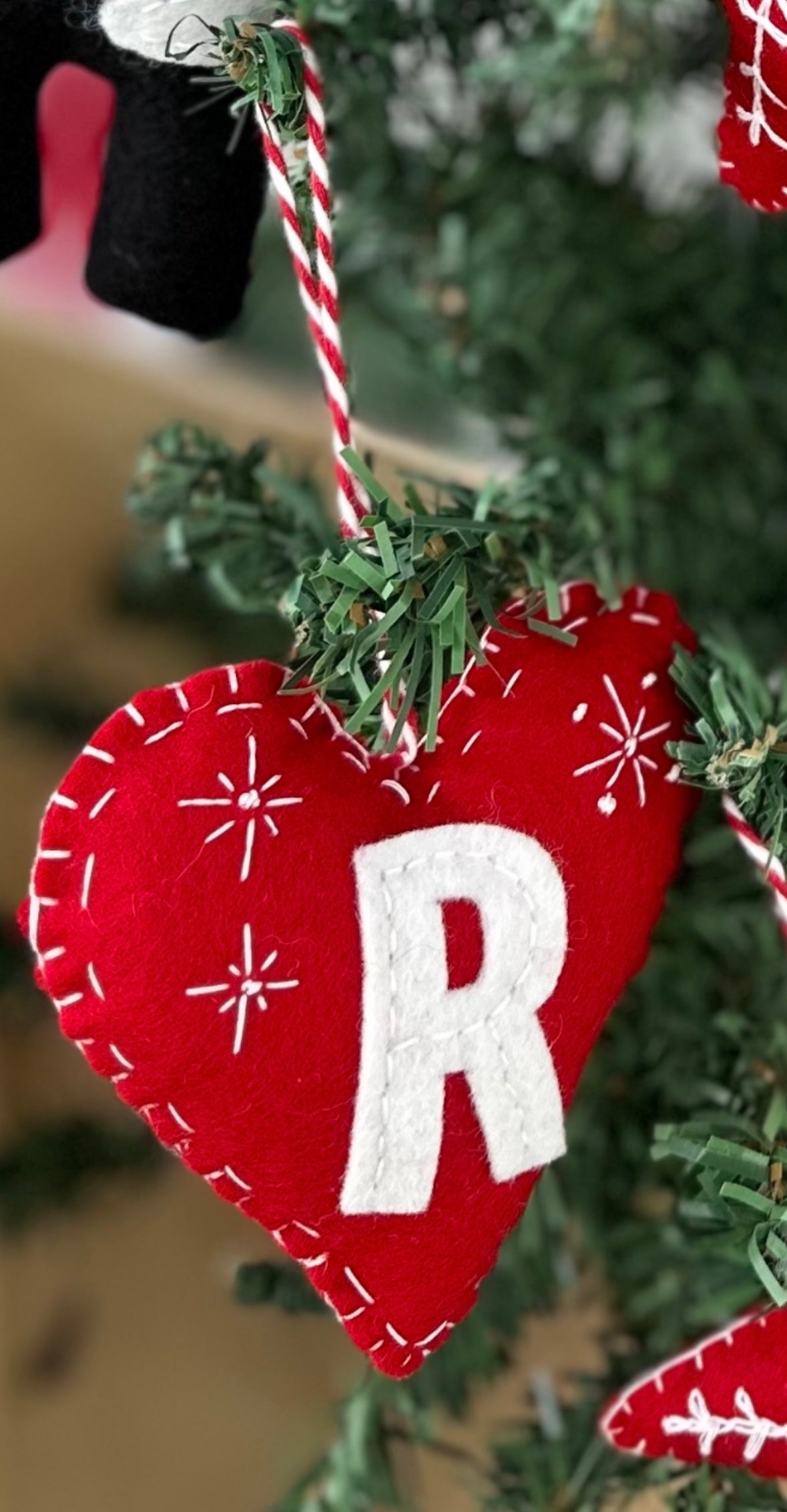 Personalised heart Christmas Decorations made with wool felt