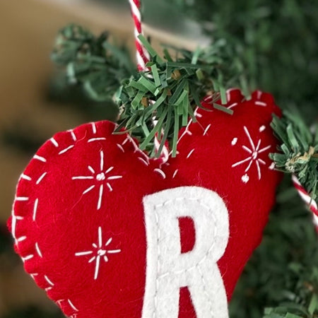 Personalised heart Christmas Decorations made with wool felt