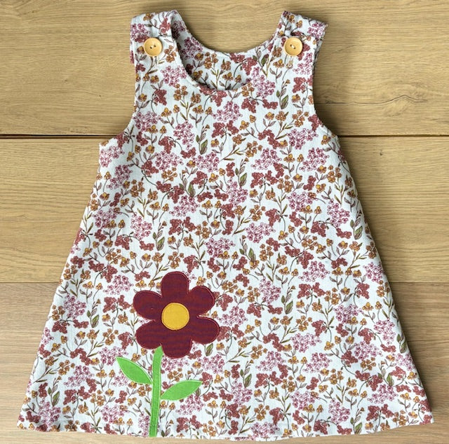 Girls Teal Flower Applique Cord Pinafore