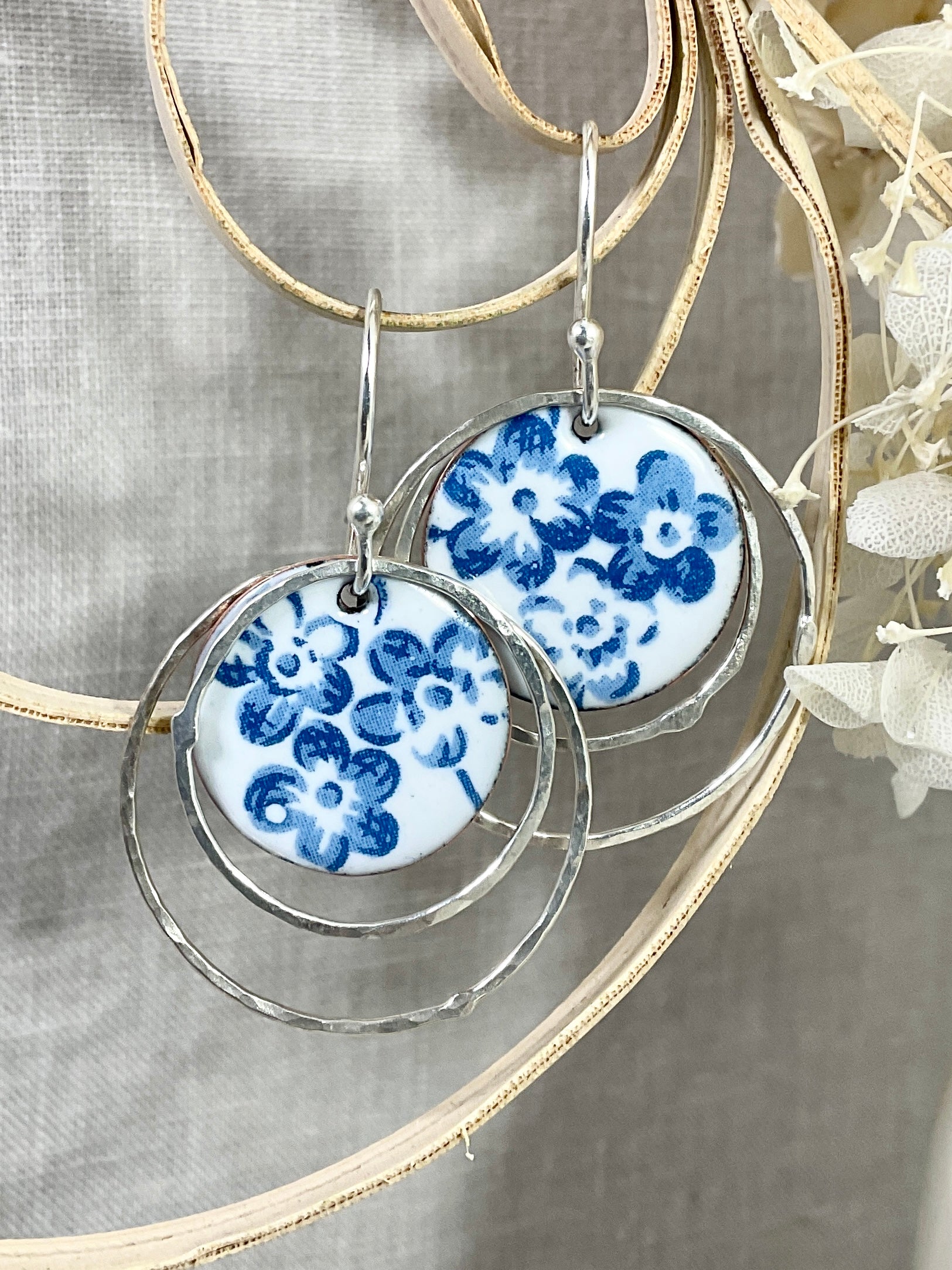 Argentium hoops with blue flower Handmade earrings