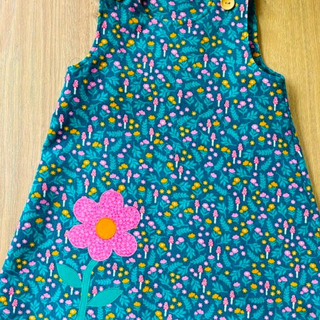 Girls Teal Flower Applique Cord Pinafore