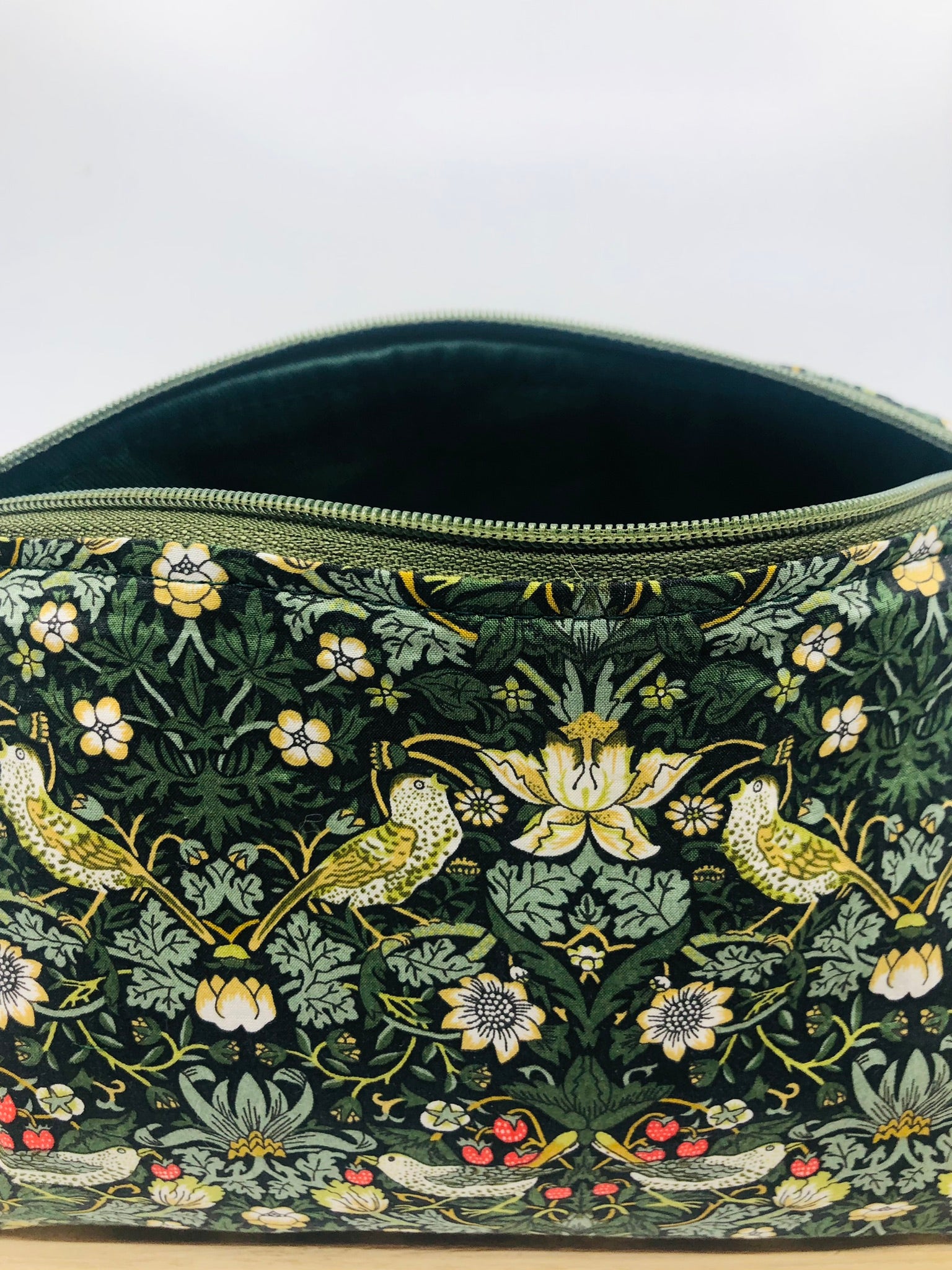 Vintage green Strawberry Thief Liberty fabric zipper pouch