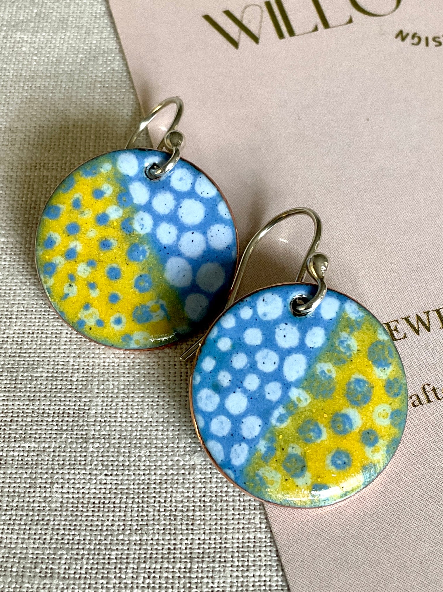 Yellow and blue dots. Handmade enamel earrings