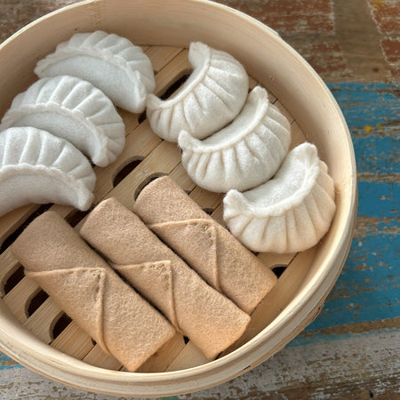 Steamed dumplings and spring rolls, felt play food