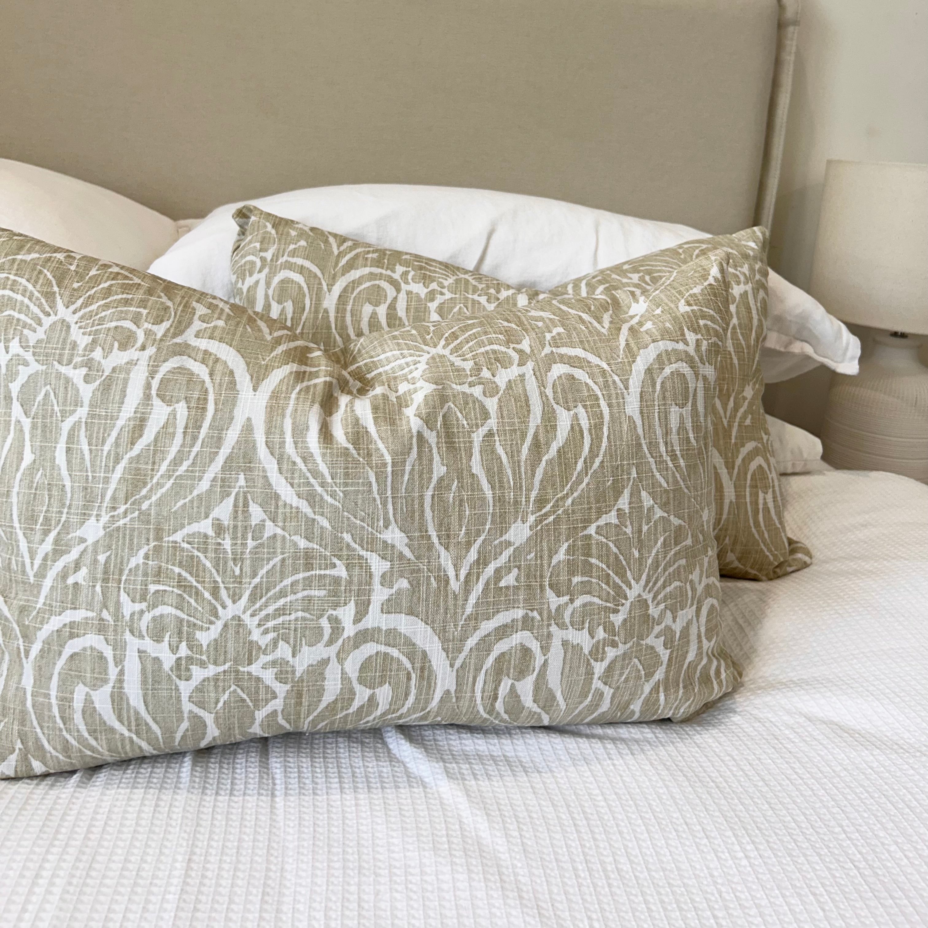 Pair of Rectangular Cushion Covers - Sandy Beige Damask Print