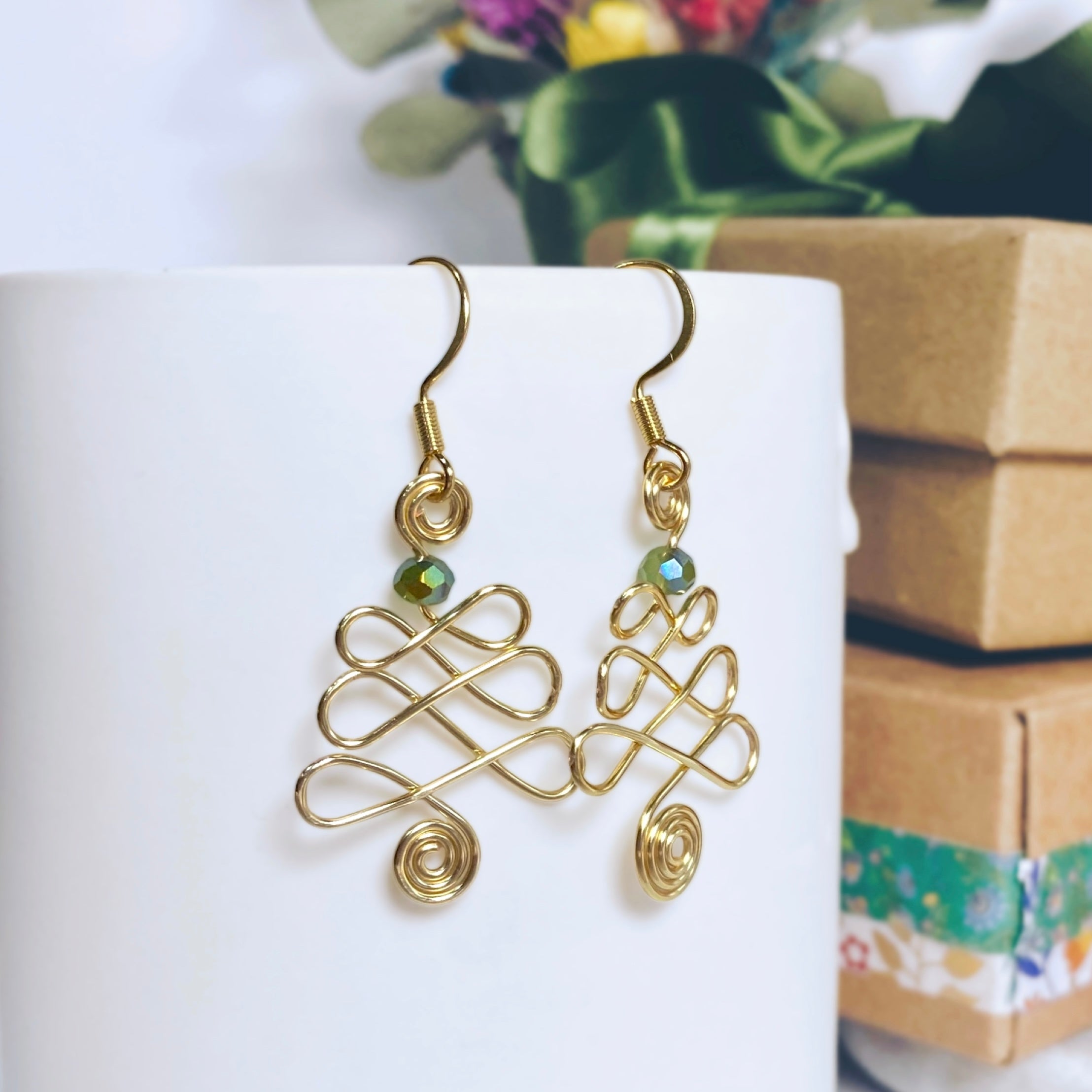 Looping wire Christmas tree dangle earrings | silver gold copper rose | Festive jewellery