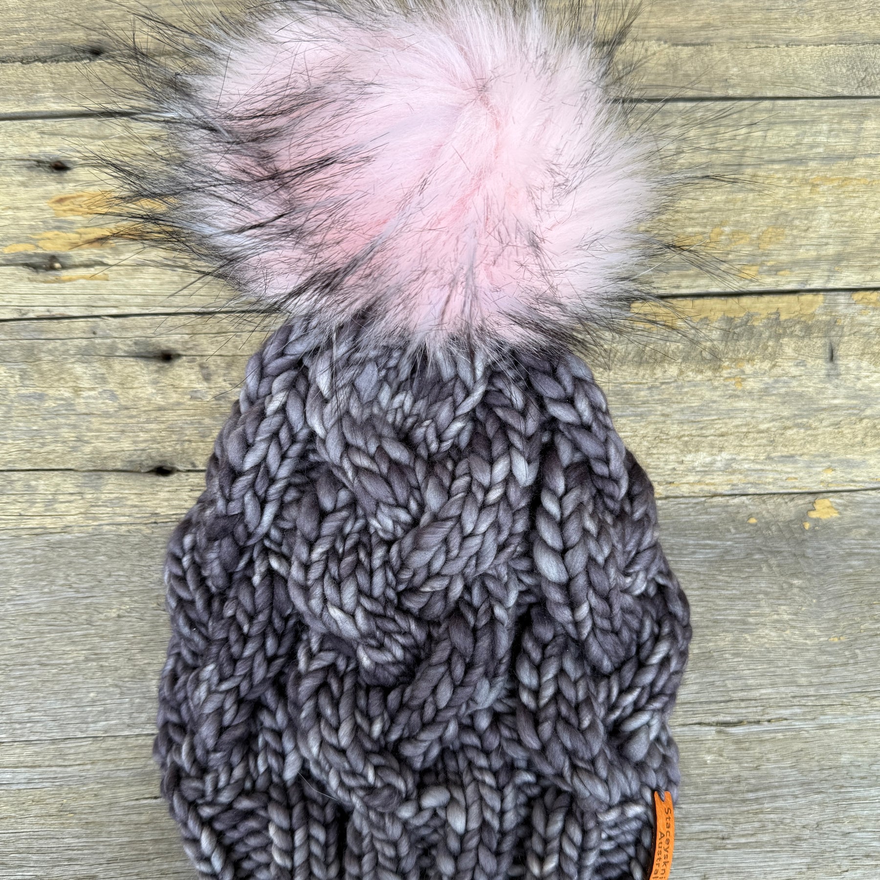 Hand knitted Grey Merino Beanie with PomPom