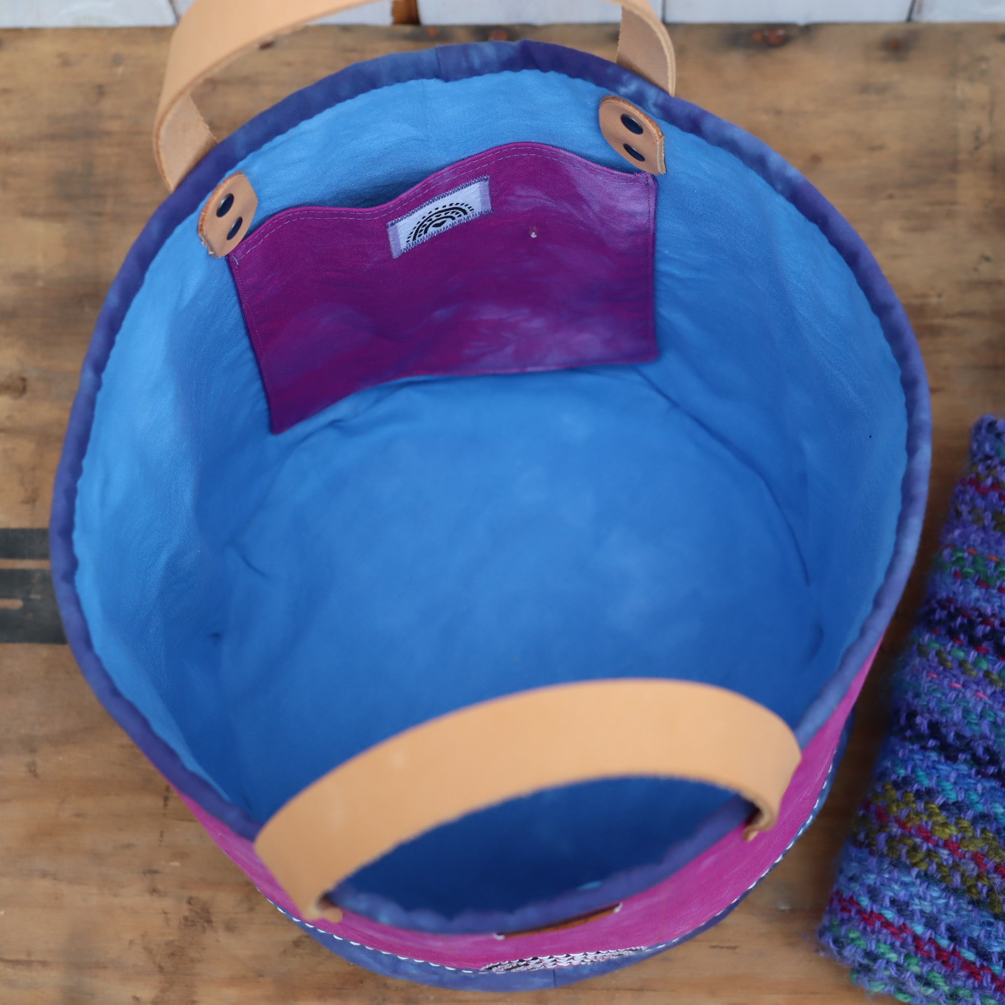 Hand Dyed Bucket Bag, Fabric Basket, Fuchsia and Navy