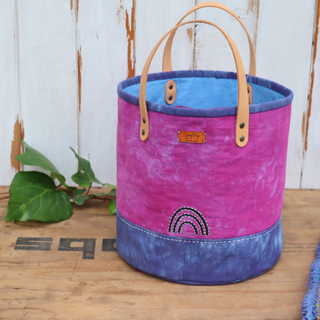 Hand Dyed Bucket Bag, Fabric Basket, Fuchsia and Navy
