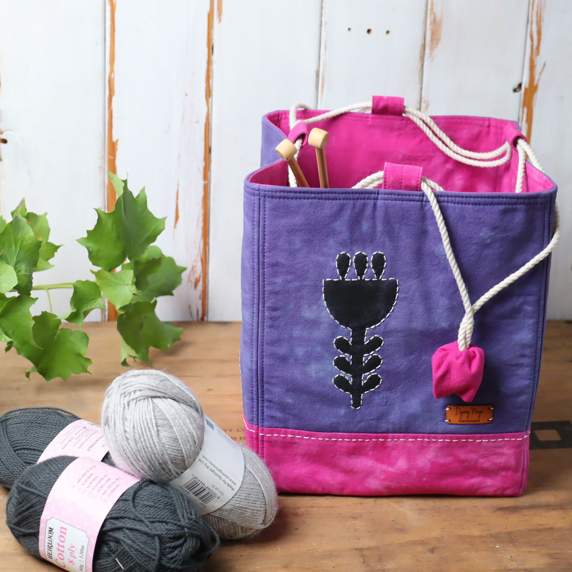 Large Hand Dyed Japanese Style Rice Bag, Komebukuro Bag, Navy and Fuchsia