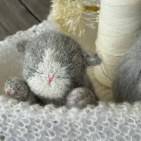 Handmade Gray & White Knitted Sleeping Kitty Toy
