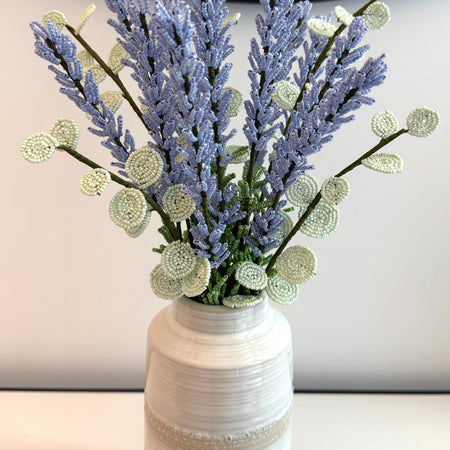 French-beaded Lavender and Eucalyptus flower arrangement