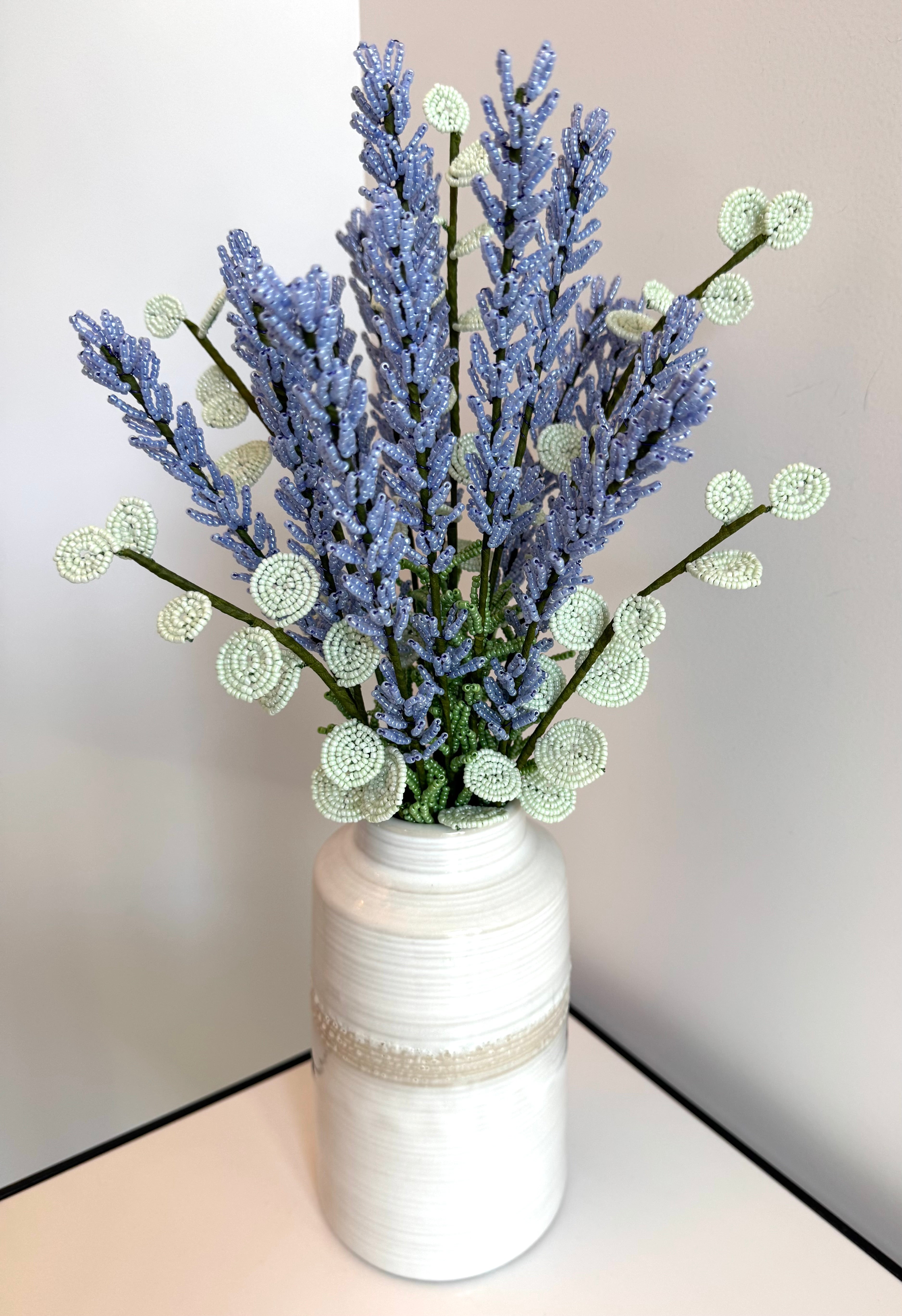 French-beaded Lavender and Eucalyptus flower arrangement