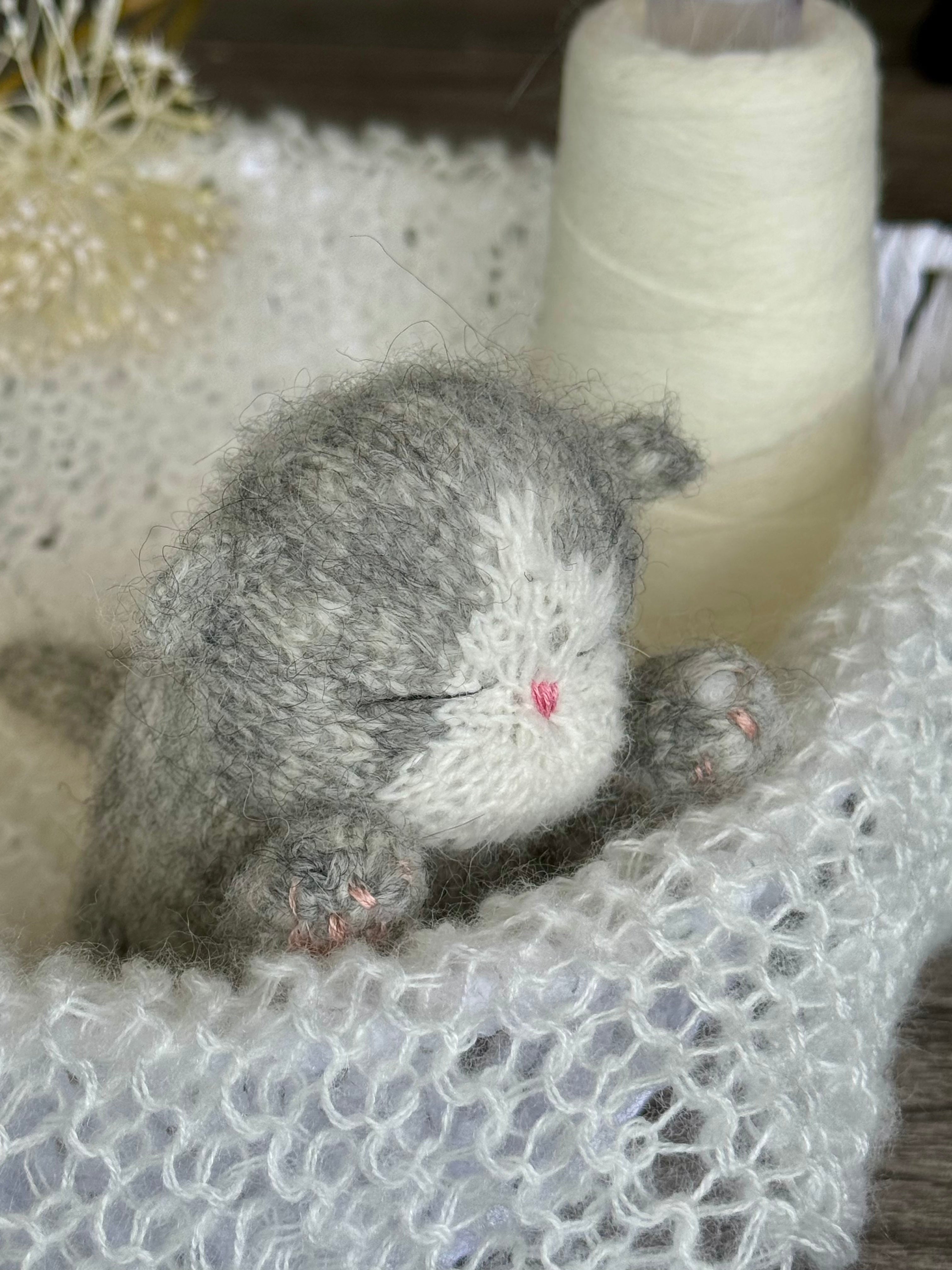Handmade Gray & White Knitted Sleeping Kitty Toy
