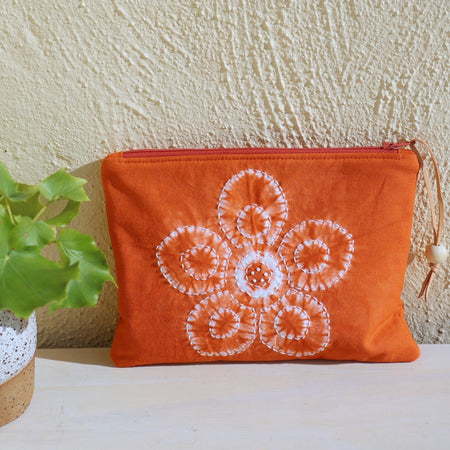 Shibori dyed small zipper pouch, ochre