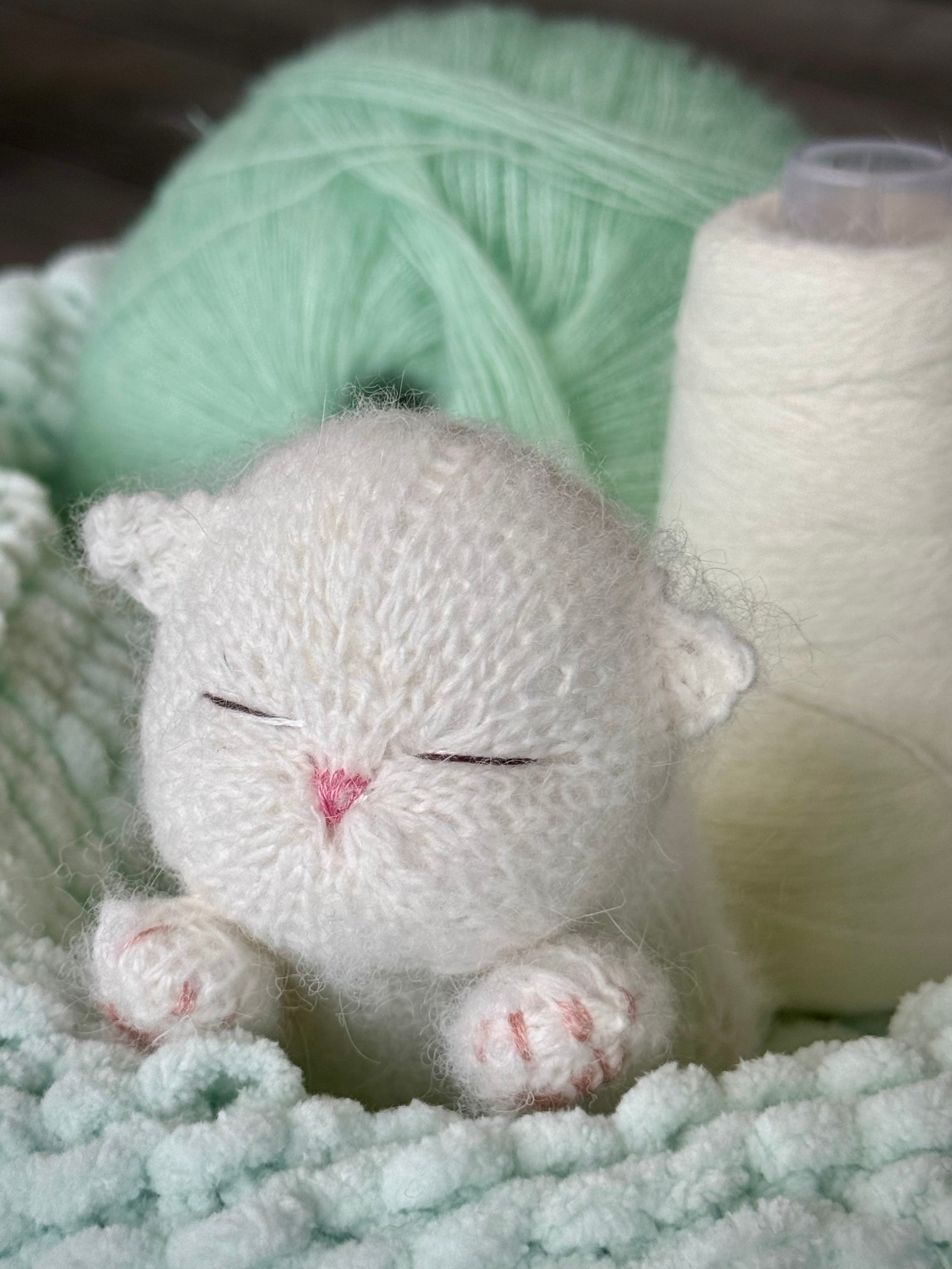 Handmade White Knitted Sleeping Kitty Toy