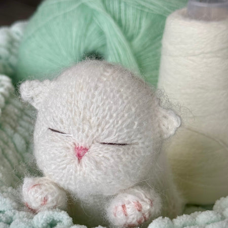 Handmade White Knitted Sleeping Kitty Toy